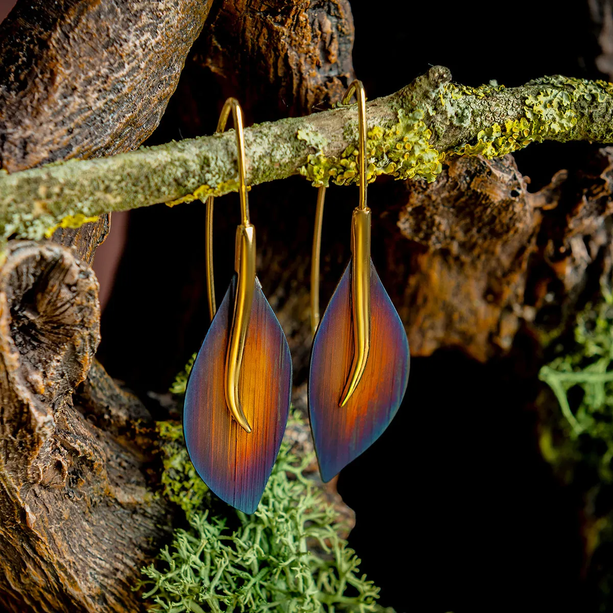 Long Leaf Hook Earrings in Titanium & Sterling Silver 24ct Gold sold by Henryka product image thumbnail 2