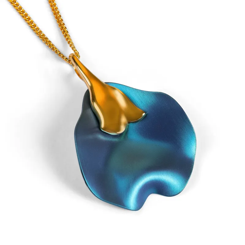 Single Flower Petal Necklace in Blue Titanium & Sterling Silver with 24ct Gold made by Henryka
