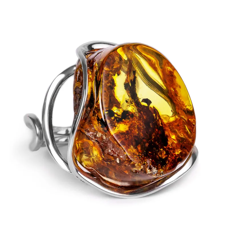 Rare BOLD Lemon Baltic Amber with Botanical Inclusions Ring in Silver made by Henryka