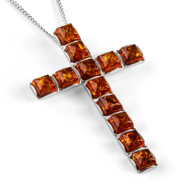 Statement Cross Necklace in Silver and Cognac Amber sold by Henryka