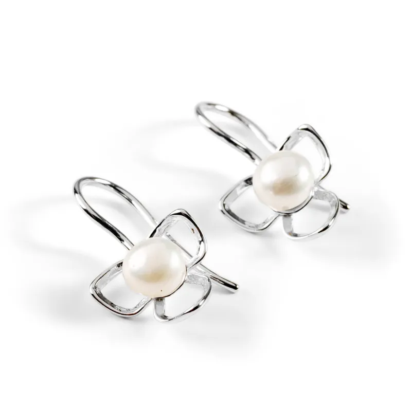 Flower Petal Hook Earrings in Silver & White Pearl sold by Henryka