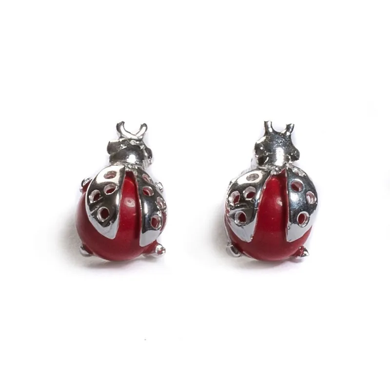 Little Ladybird Stud Earrings in Silver and Coral sold by Henryka