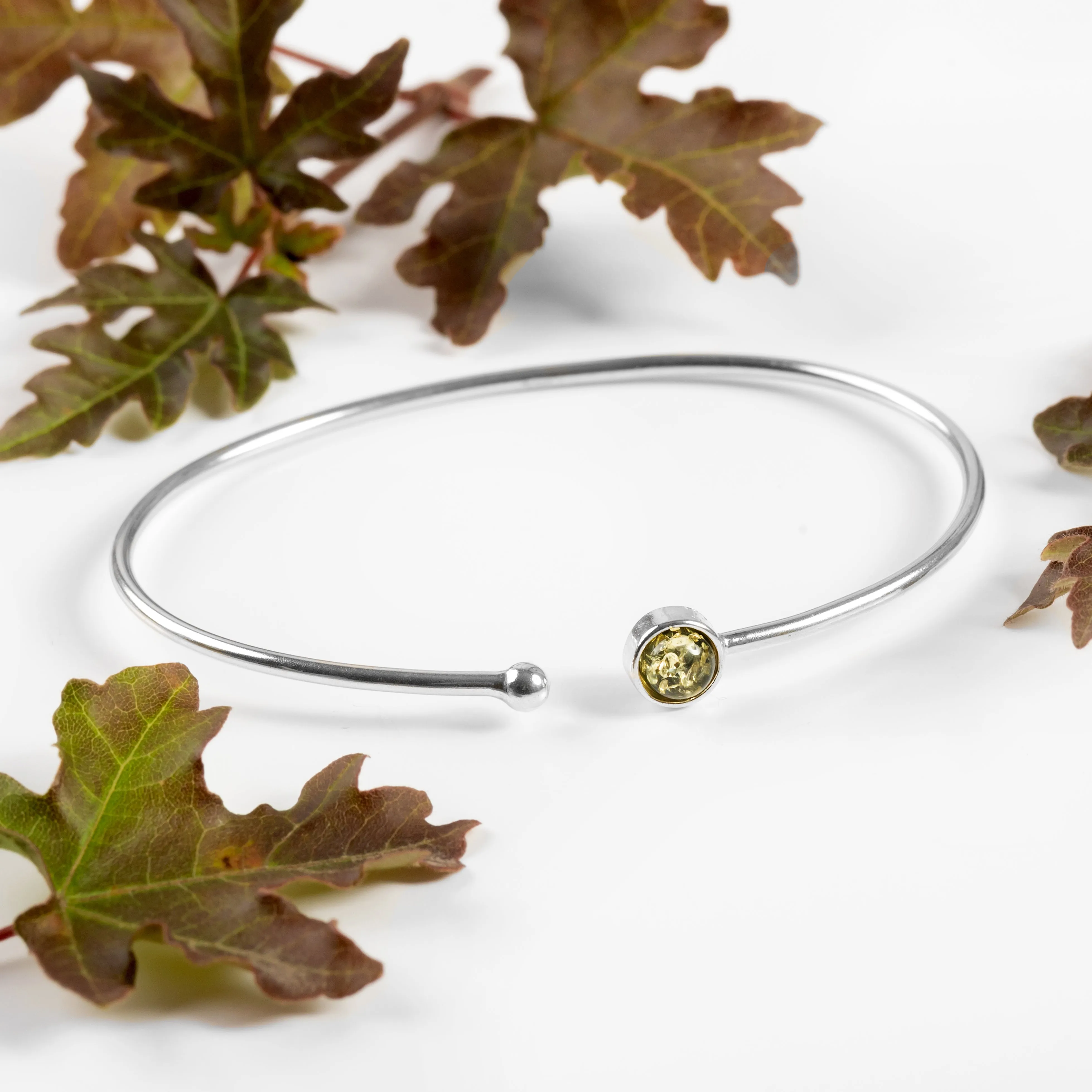 Simple Solo Cuff Bangle in Silver and Green Amber sold by Henryka product image thumbnail 4