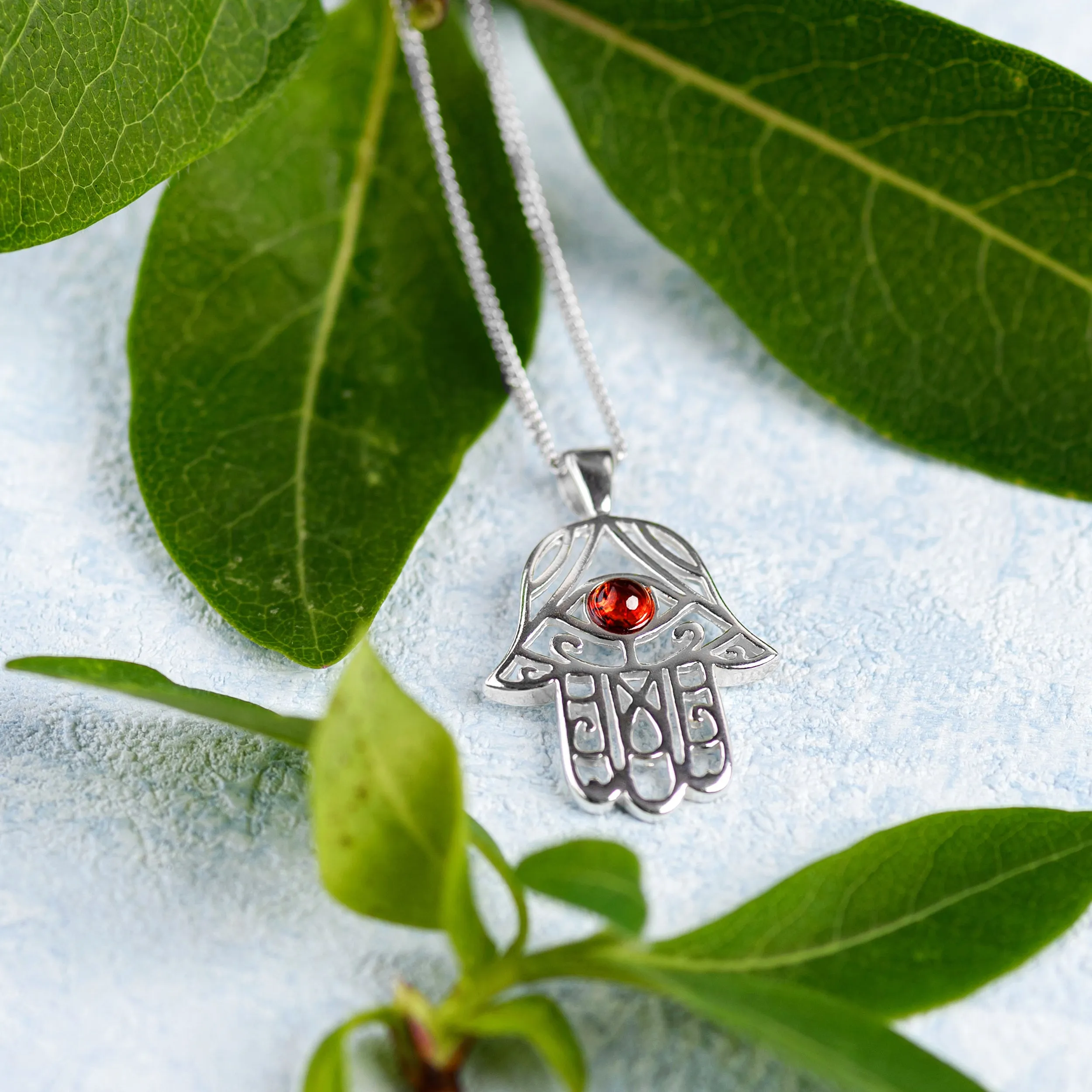 Hamsa Hand Necklace in Silver and Amber sold by Henryka product image thumbnail 4