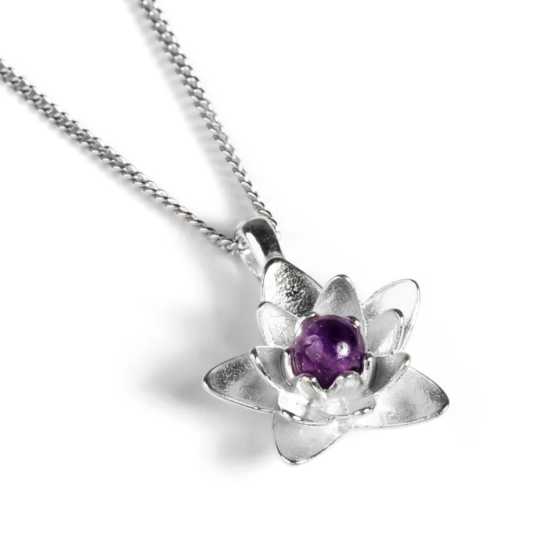 Pretty Lotus Flower Necklace in Silver and Amethyst sold by Henryka
