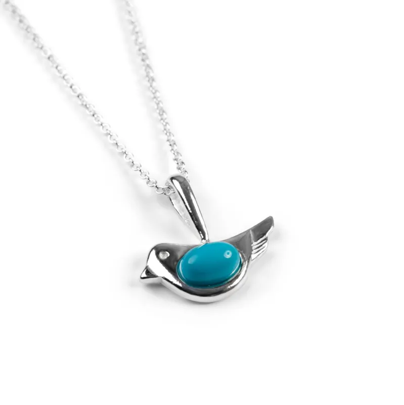 Cute Bird Necklace in Silver and Turquoise sold by Henryka
