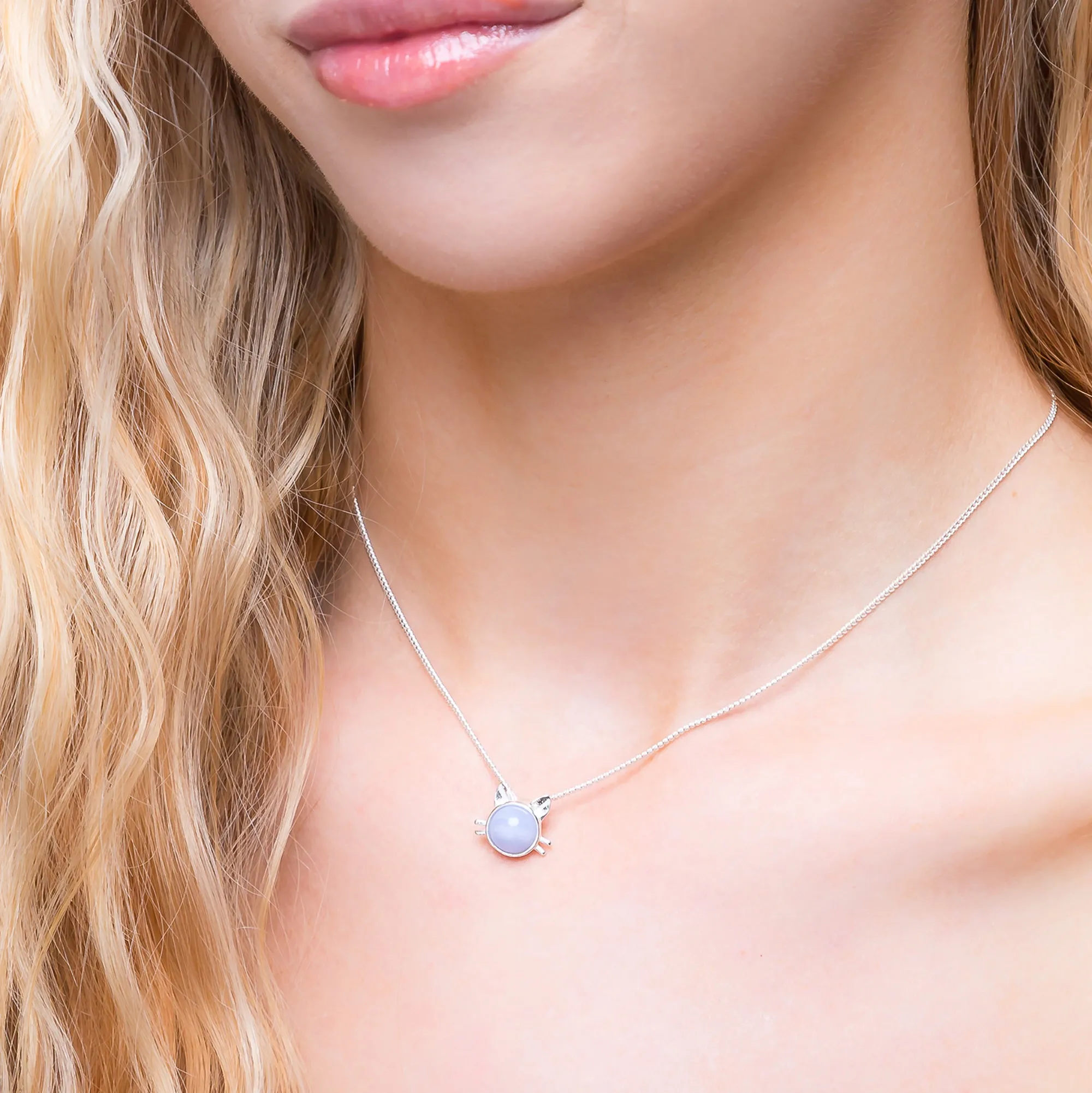 Cute Cat Face Necklace in Silver and Blue Lace Agate sold by Henryka product image thumbnail 2