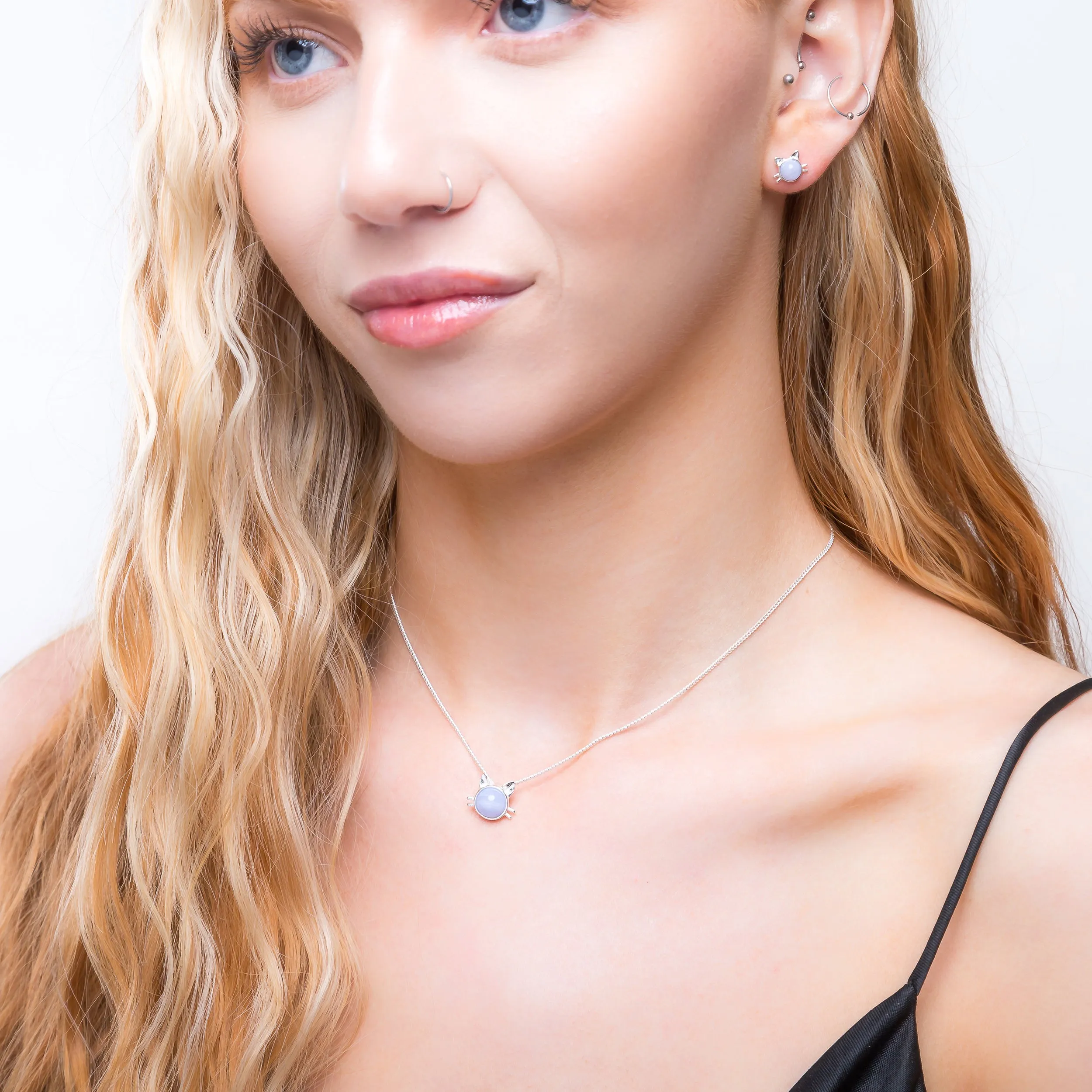 Cute Cat Face Necklace in Silver and Blue Lace Agate sold by Henryka product image thumbnail 3