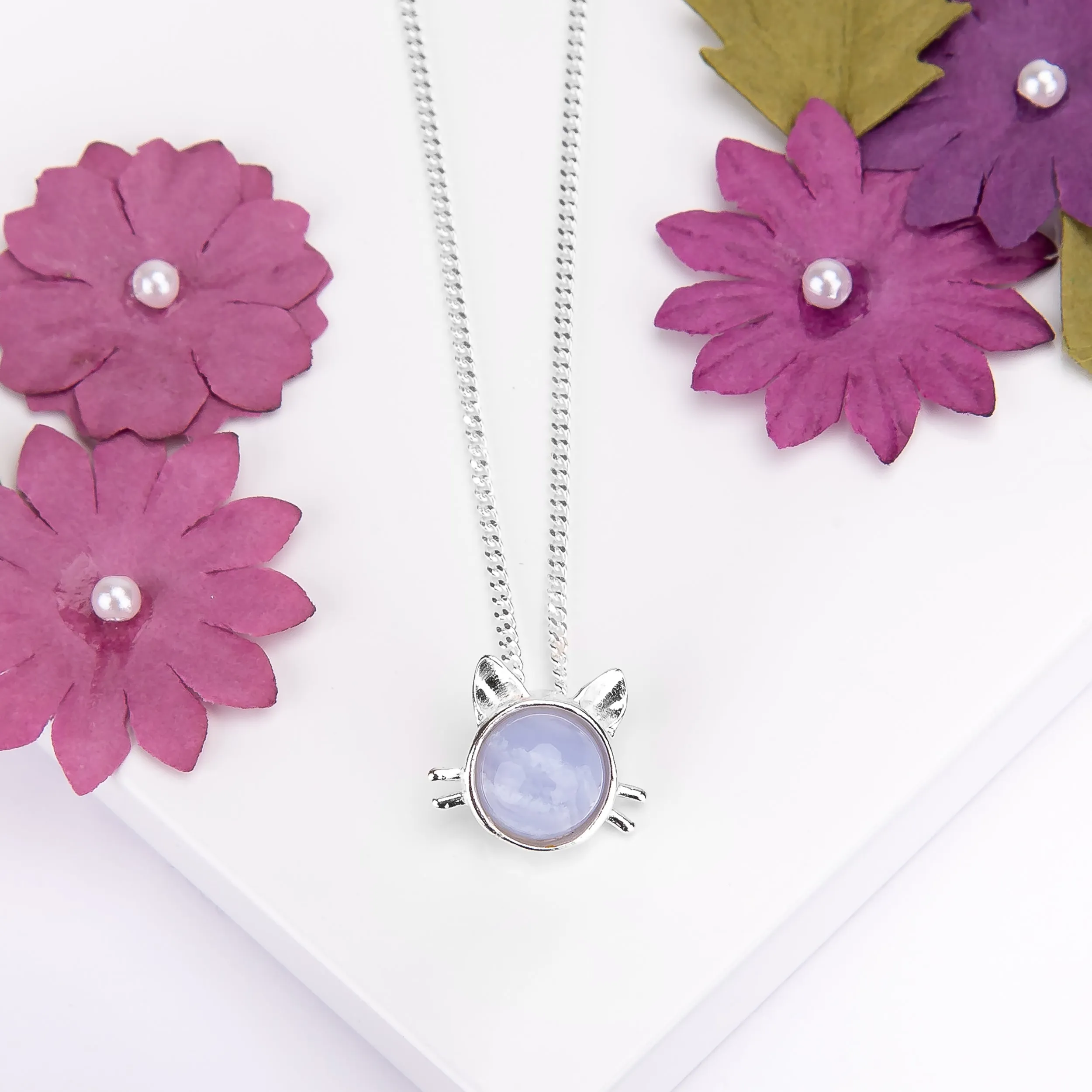Cute Cat Face Necklace in Silver and Blue Lace Agate sold by Henryka product image thumbnail 4