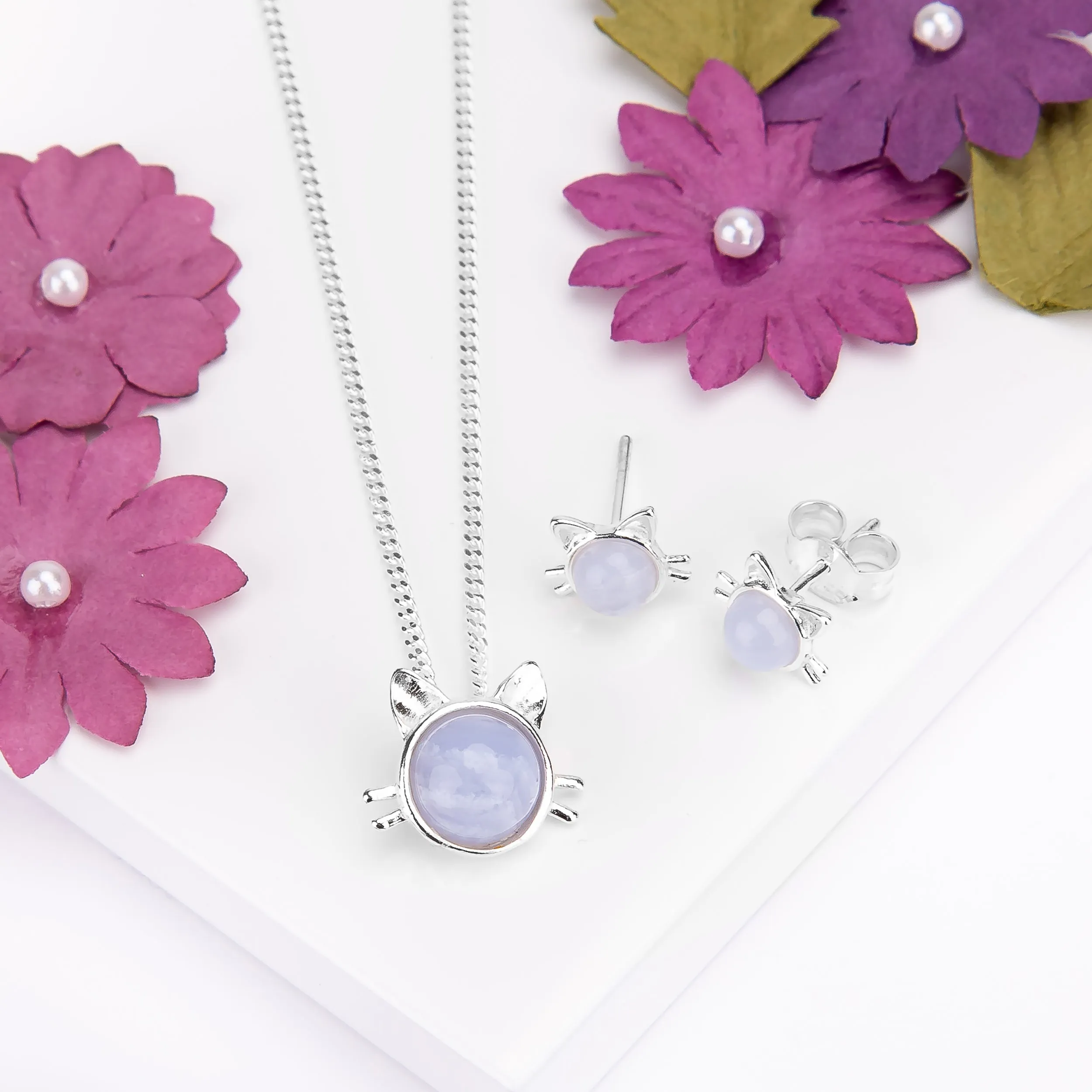 Cute Cat Face Necklace in Silver and Blue Lace Agate sold by Henryka product image thumbnail 5