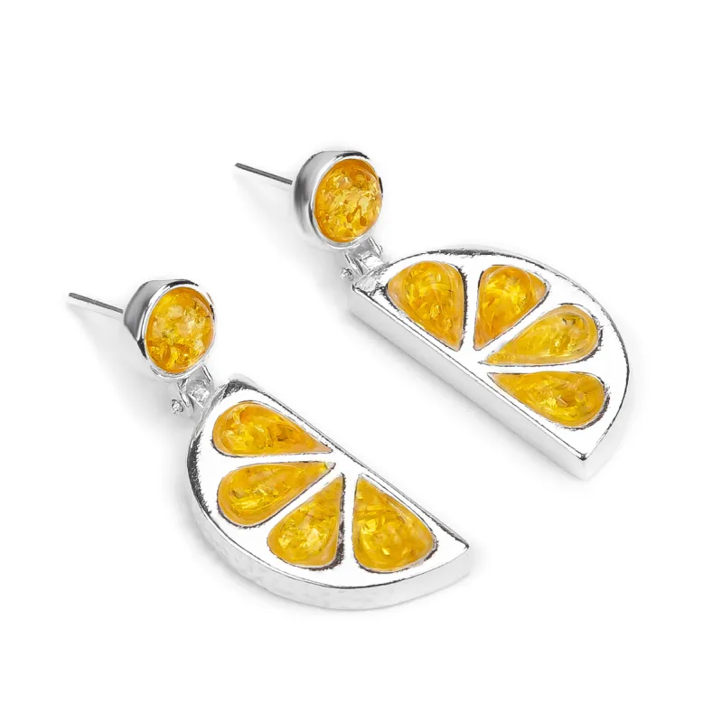 Lemon Slice Drop Earrings in Silver and Yellow Amber sold by Henryka