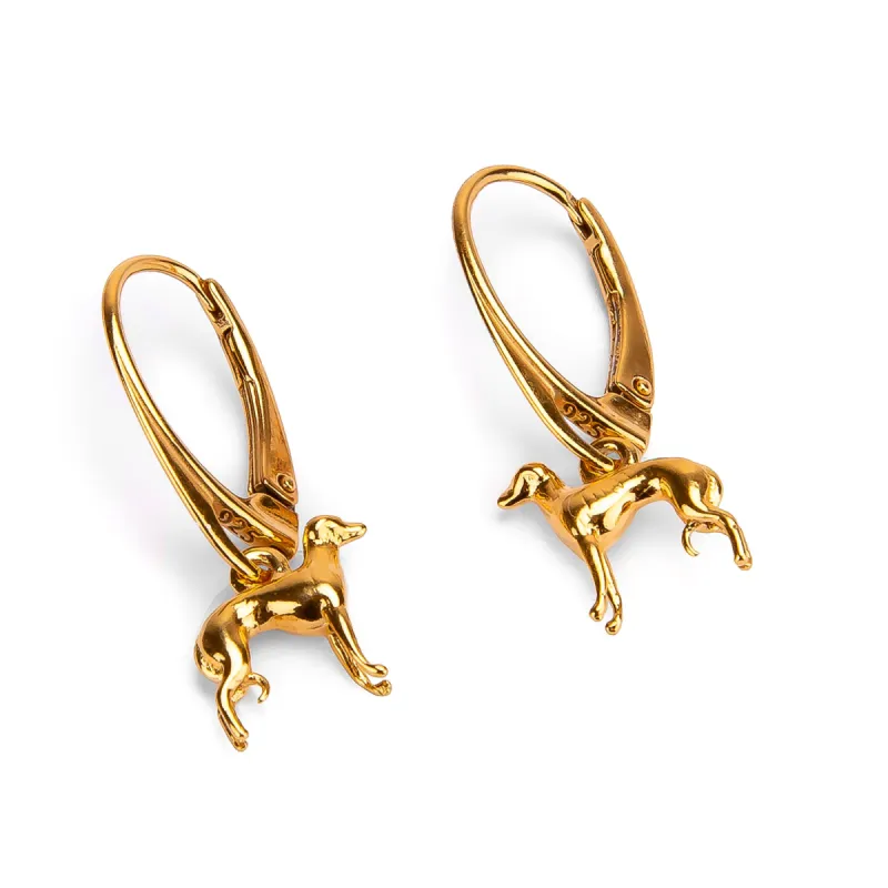 Miniature Greyhound / Whippet / Sighthound Hook Earrings in Silver with 24ct Gold made by Henryka