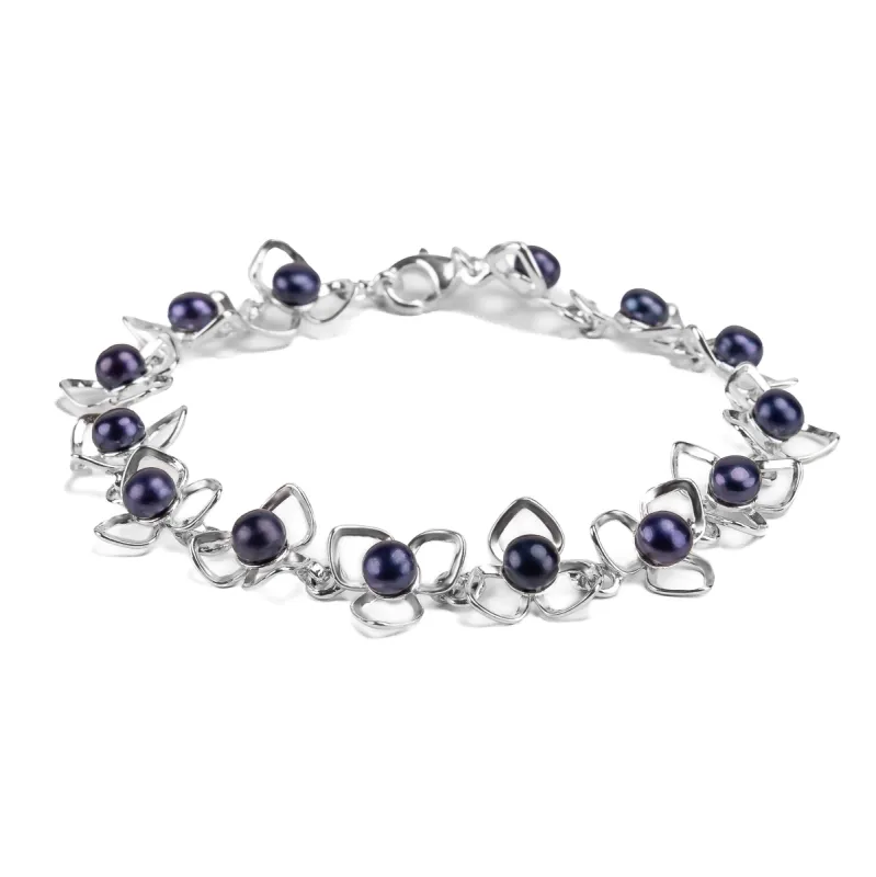 Flower Petal Bracelet in Silver & Black Pearl sold by Henryka