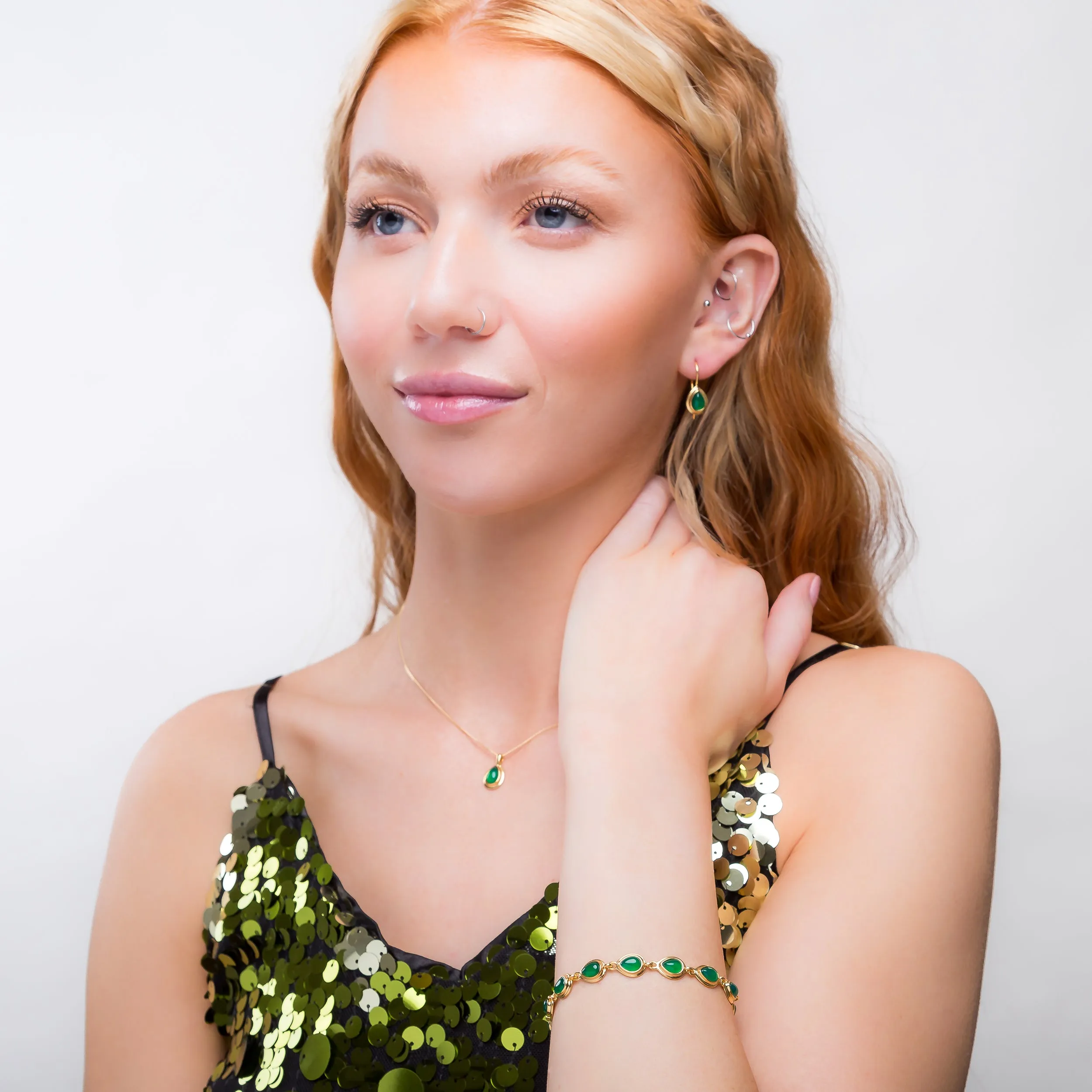 Classic Teardrop Link Bracelet in Silver with 24ct Gold & Green Onyx sold by Henryka product image thumbnail 3