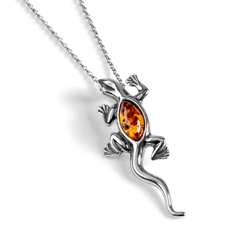 Small Climbing Lizard Necklace in Silver and Amber sold by Henryka
