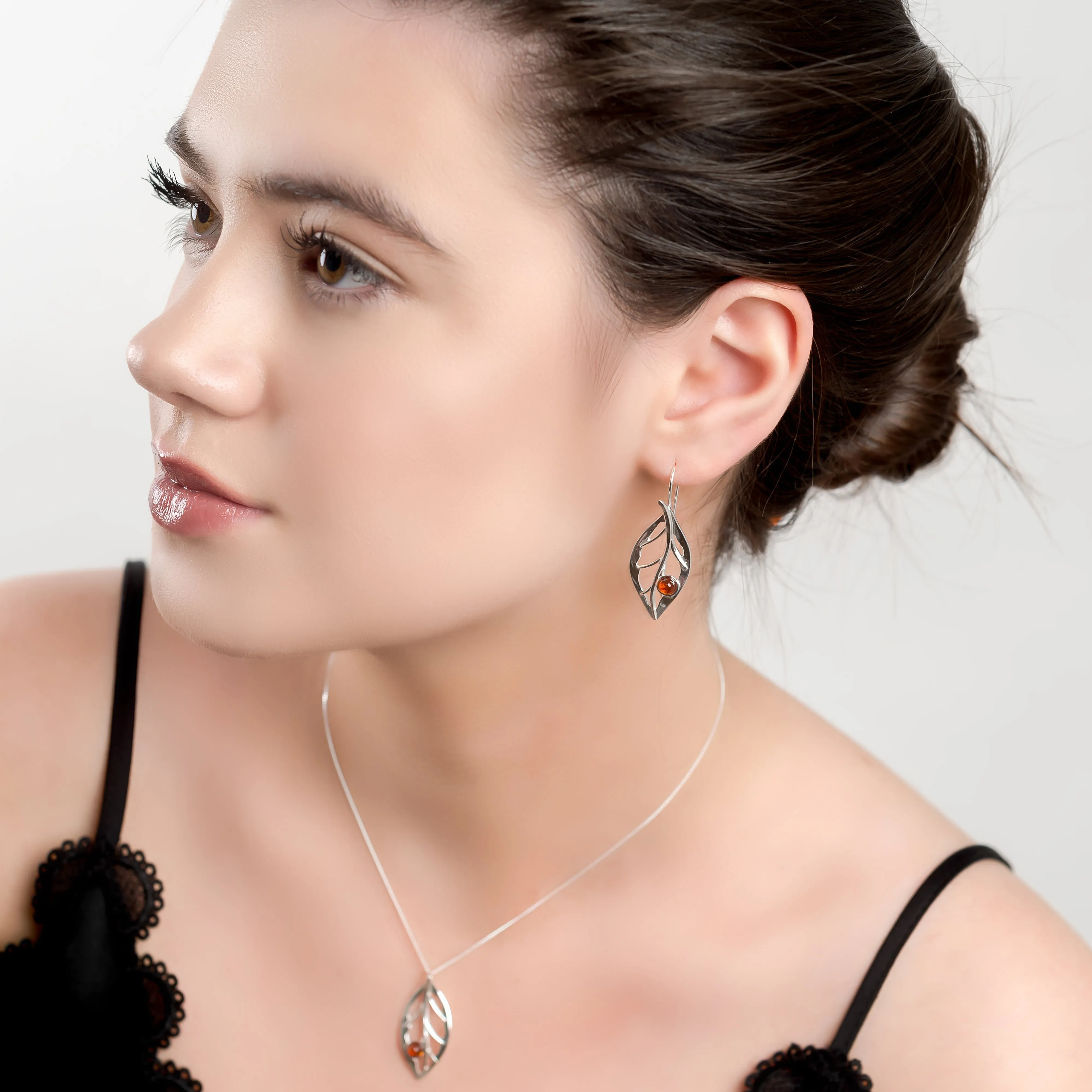Charming Leaf Hook Earrings in Silver and Amber sold by Henryka product image thumbnail 3