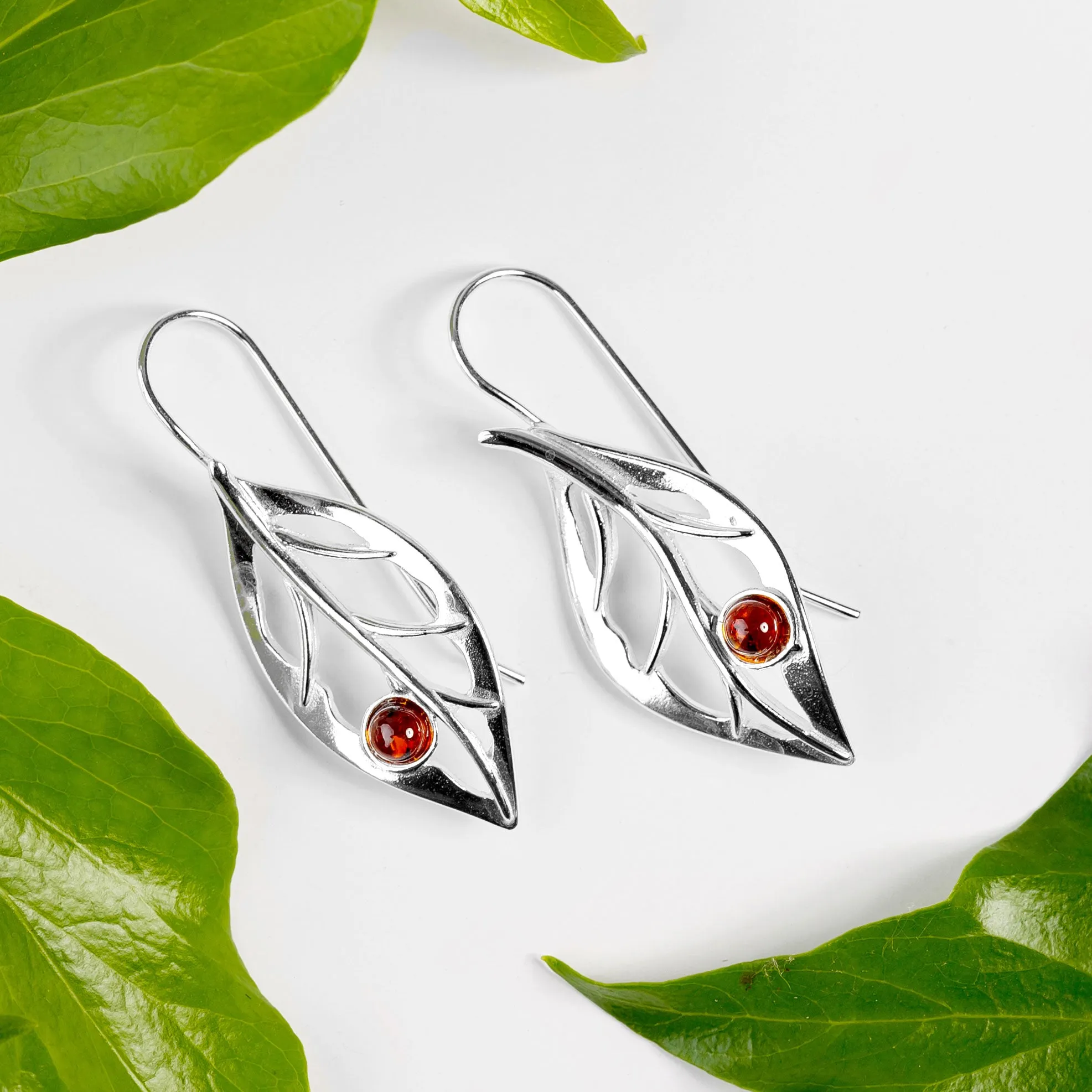Charming Leaf Hook Earrings in Silver and Amber sold by Henryka product image thumbnail 4