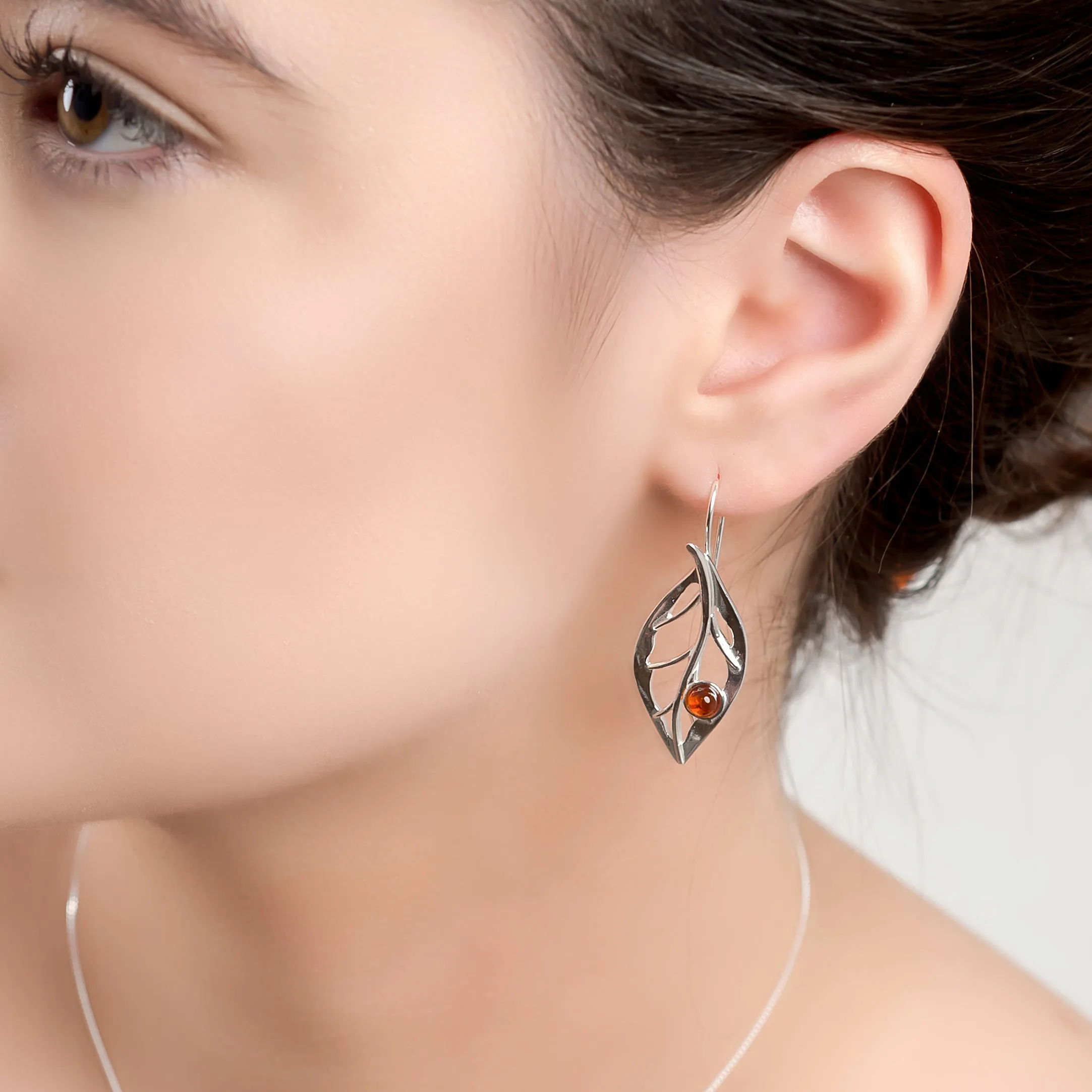 Charming Leaf Hook Earrings in Silver and Amber sold by Henryka product image thumbnail 2