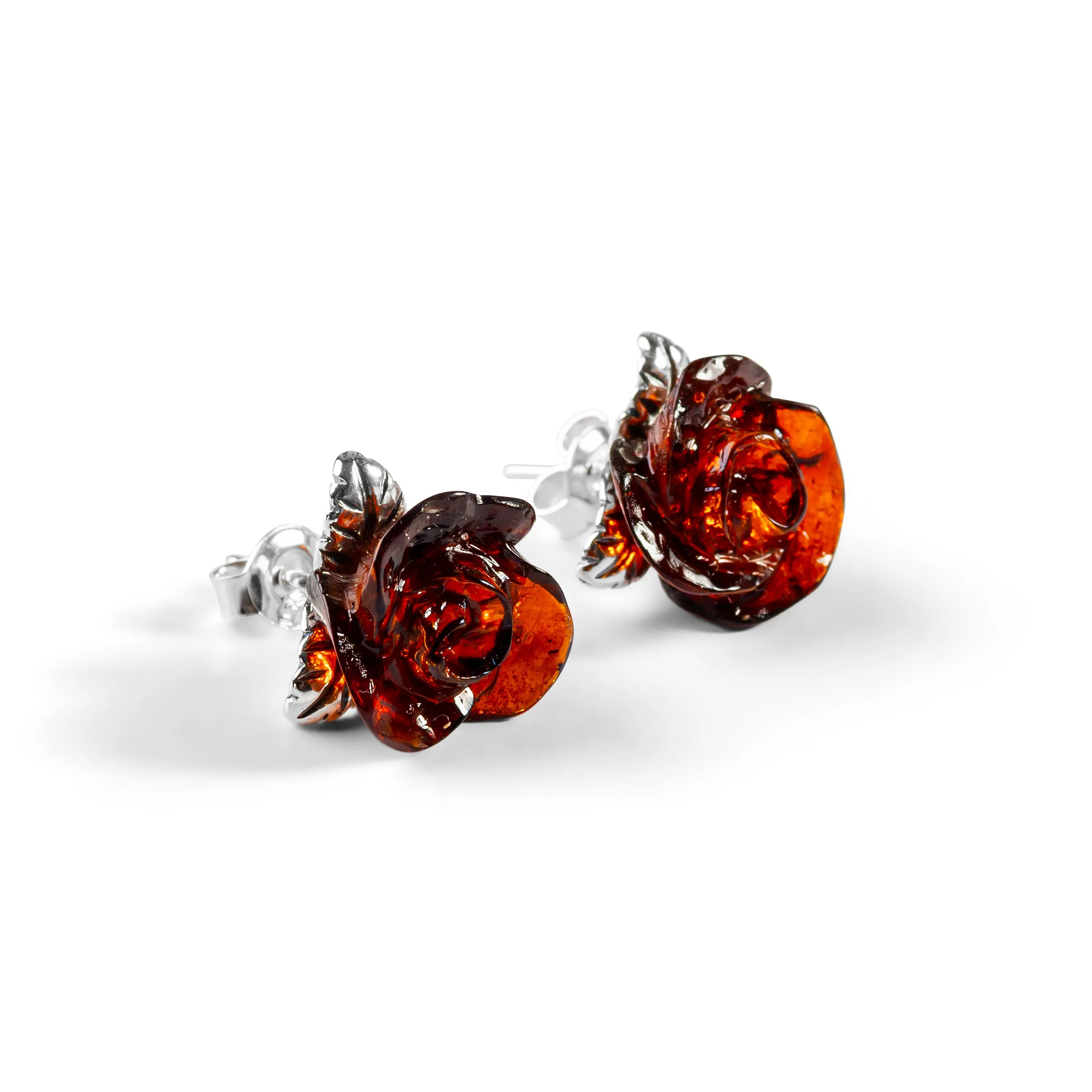 Rose Stud Earrings in Silver and Amber sold by Henryka