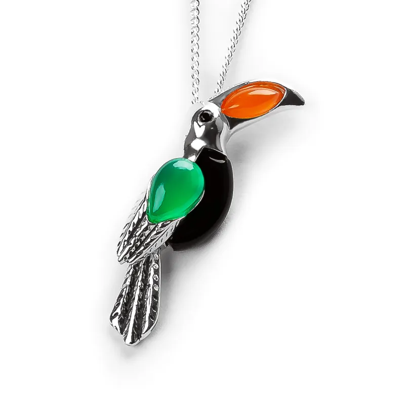 Toucan Bird Necklace in Silver with Carnelian, Green Onyx, & Black Onyx sold by Henryka