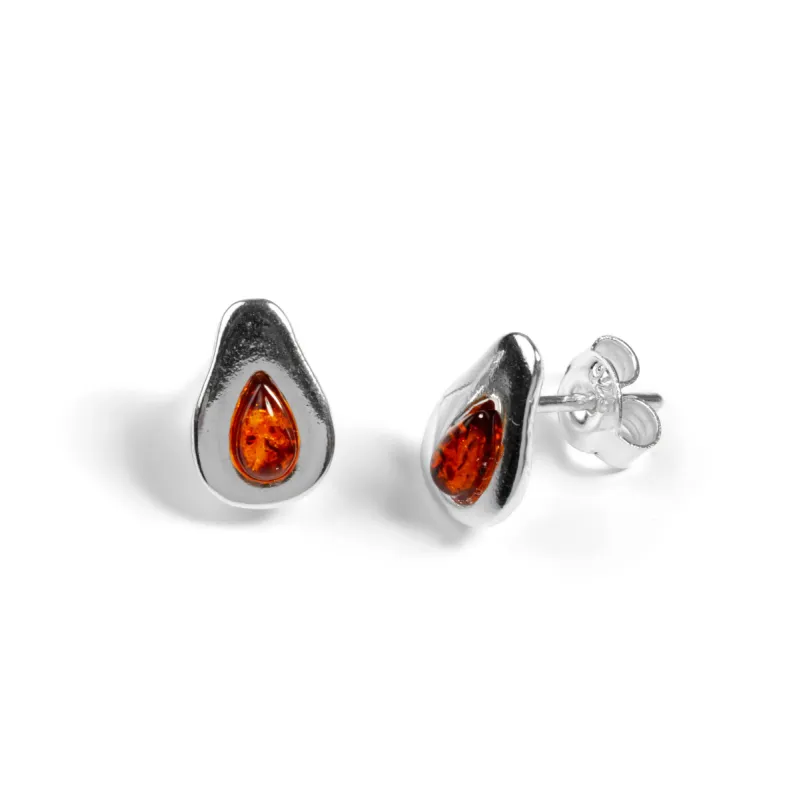 Avocado Stud Earrings in Silver and Cognac Amber sold by Henryka