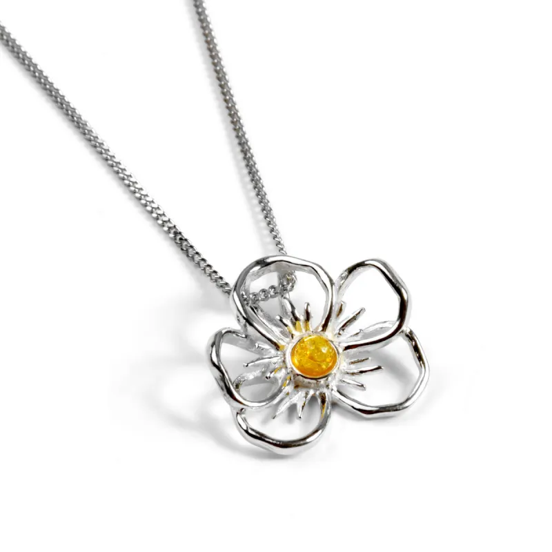 Pansy Flower Necklace in Silver and Yellow Amber sold by Henryka