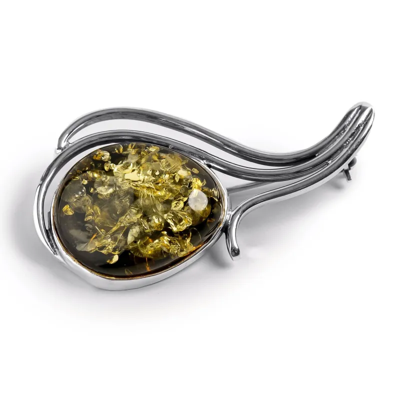 Green Amber & Silver Brooch - Natural Designer Gemstone sold by Henryka