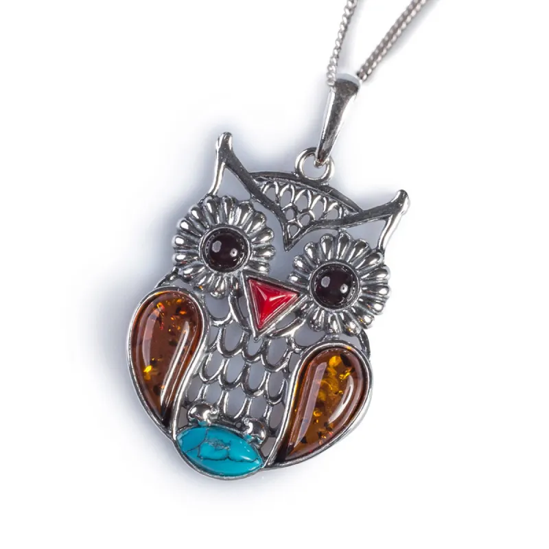 Large Owl Necklace in Silver, Turquoise and Amber sold by Henryka
