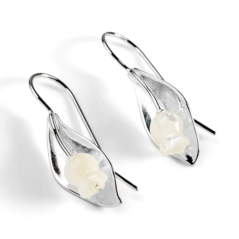 Lily of the Valley Flower Drop Earrings in Silver & Mother of Pearl sold by Henryka