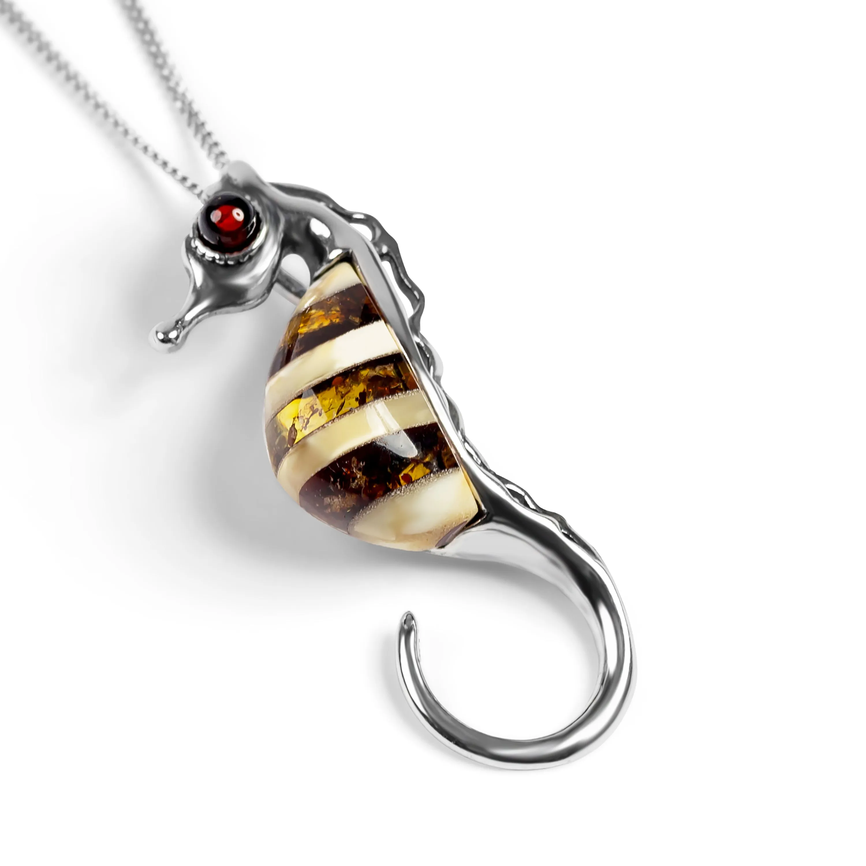 Small Seahorse Necklace in Silver and Amber sold by Henryka