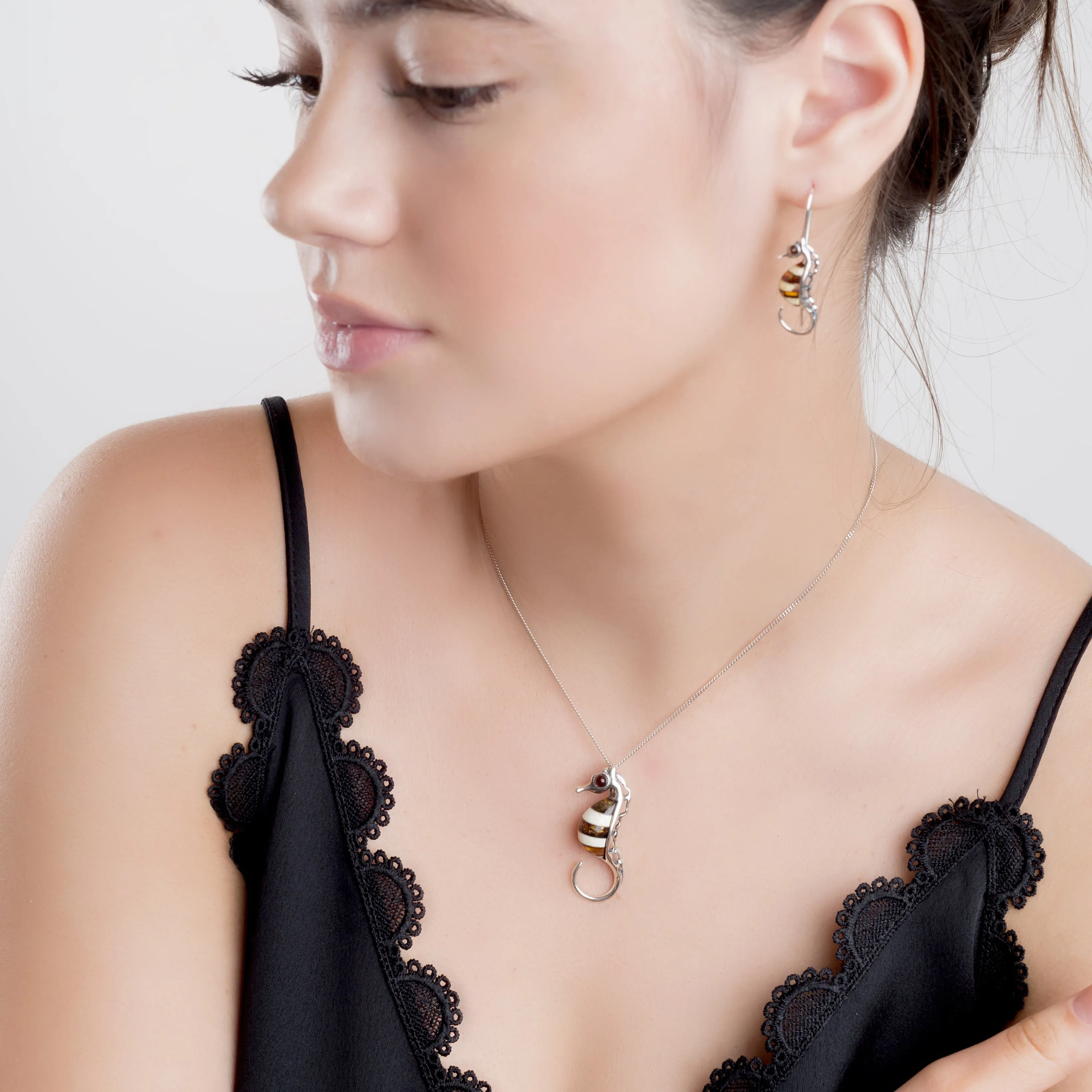 Small Seahorse Necklace in Silver and Amber sold by Henryka product image thumbnail 3