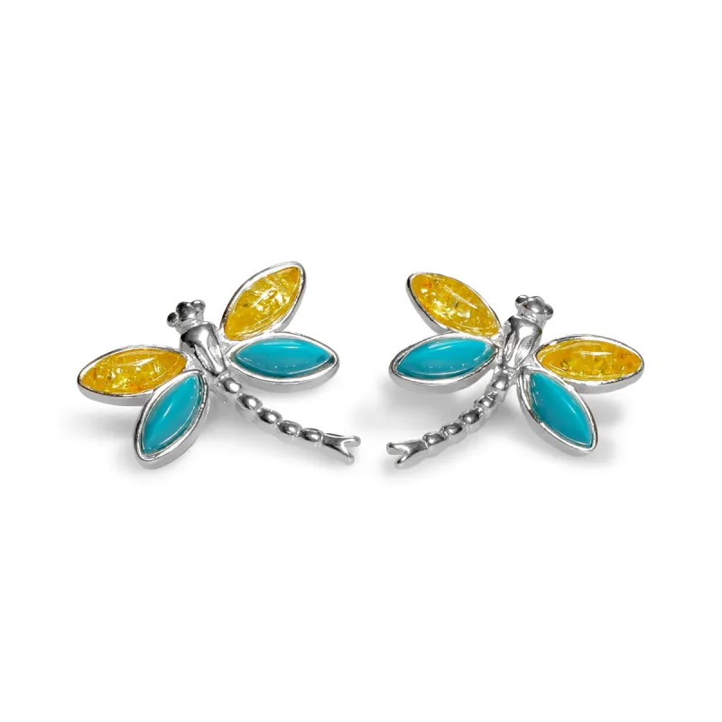 Pointed Dragonfly Stud Earrings in Silver, Turquoise and Yellow Amber sold by Henryka