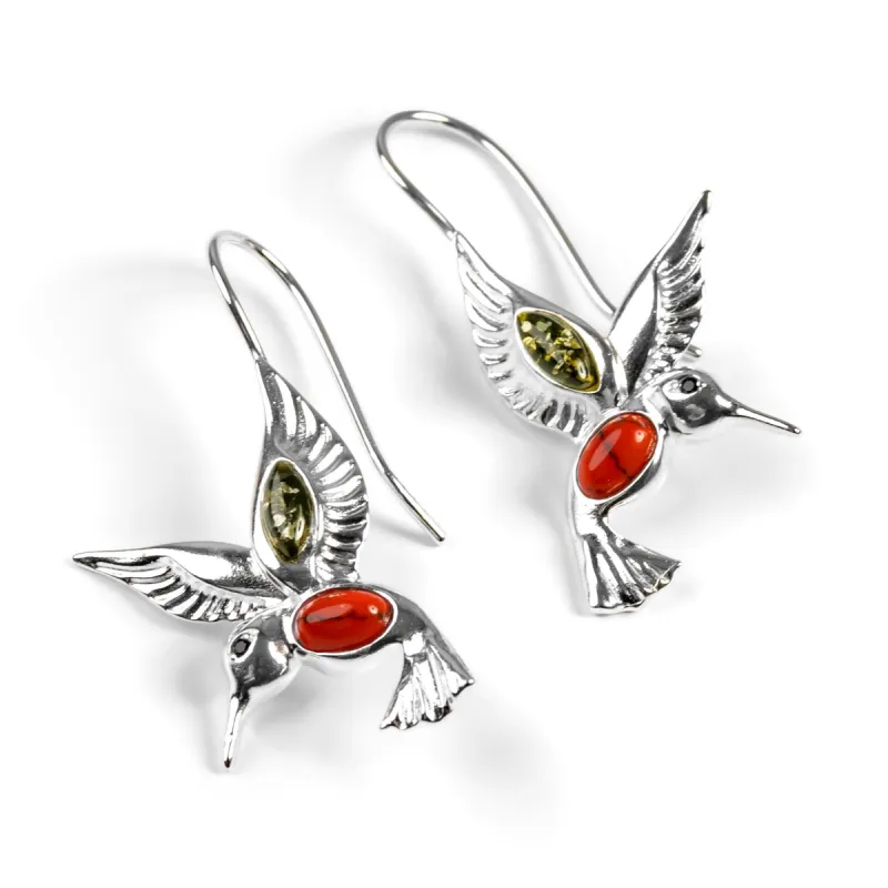 Hummingbird Hook Earrings in Silver, Green Amber and Coral sold by Henryka