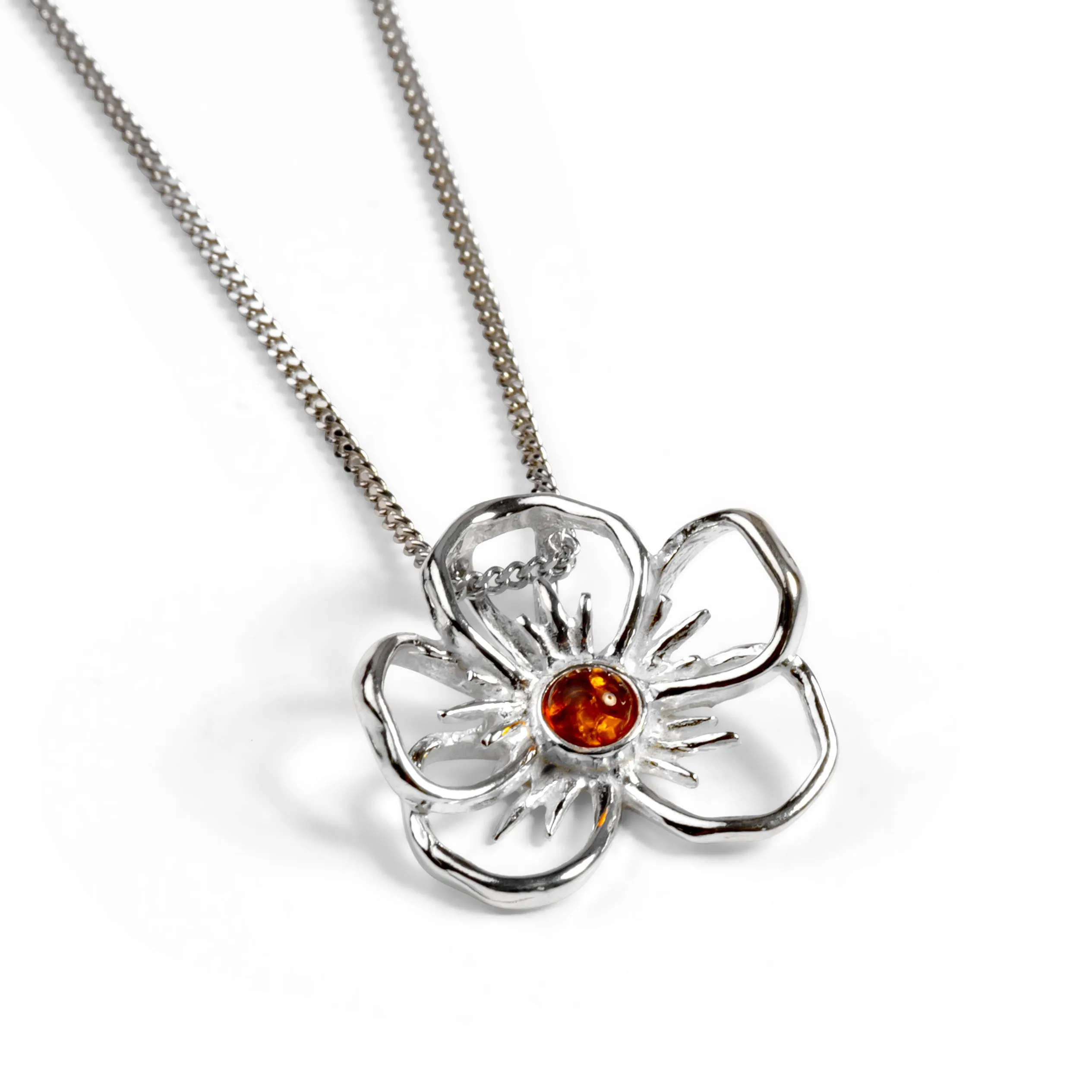 Pansy Flower Necklace in Silver and Cognac Amber sold by Henryka
