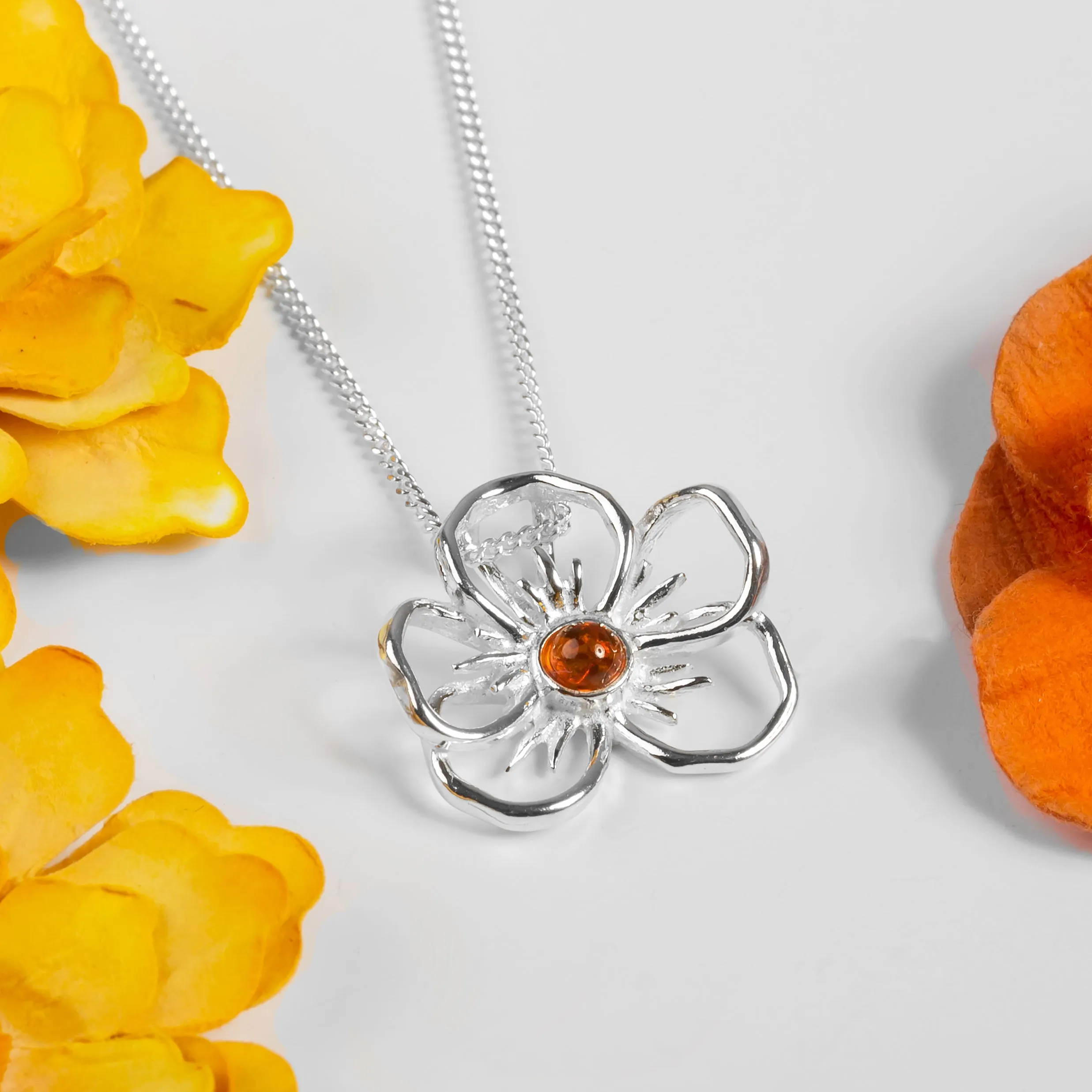 Pansy Flower Necklace in Silver and Cognac Amber sold by Henryka product image thumbnail 4