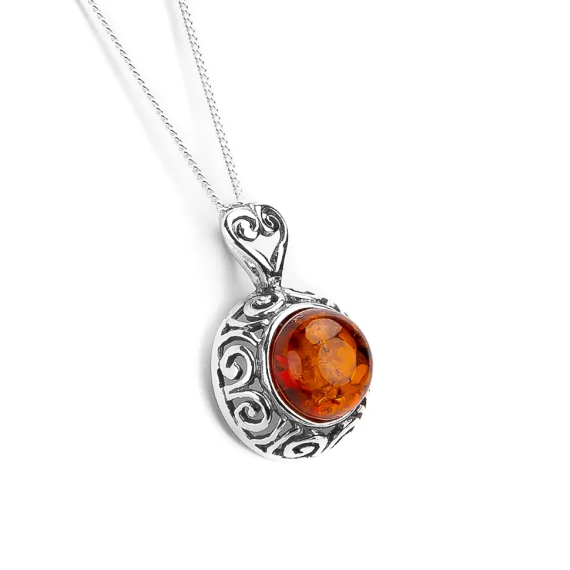 Vintage Inspired Round Necklace in Silver & Cognac Amber sold by Henryka