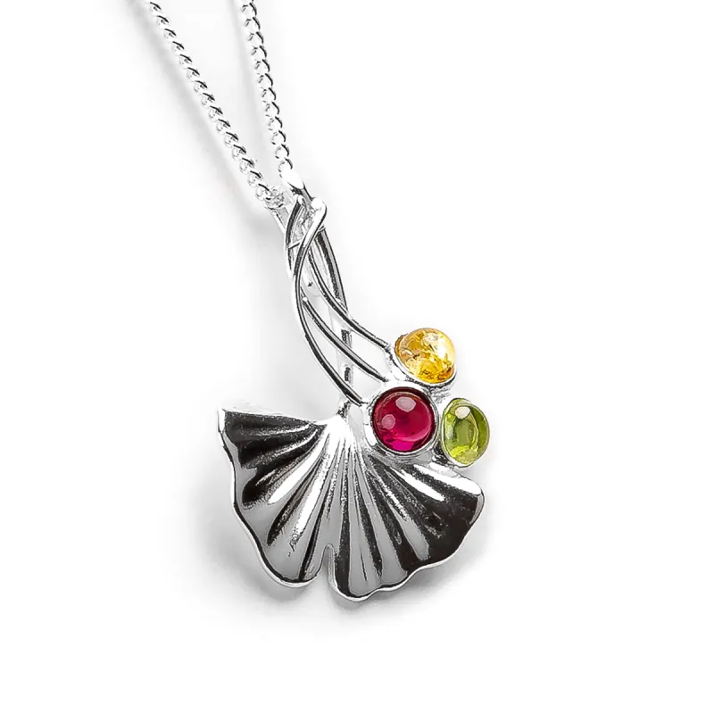 Ginkgo Flower Necklace in Silver & Peridot, Garnet and Citrine sold by Henryka
