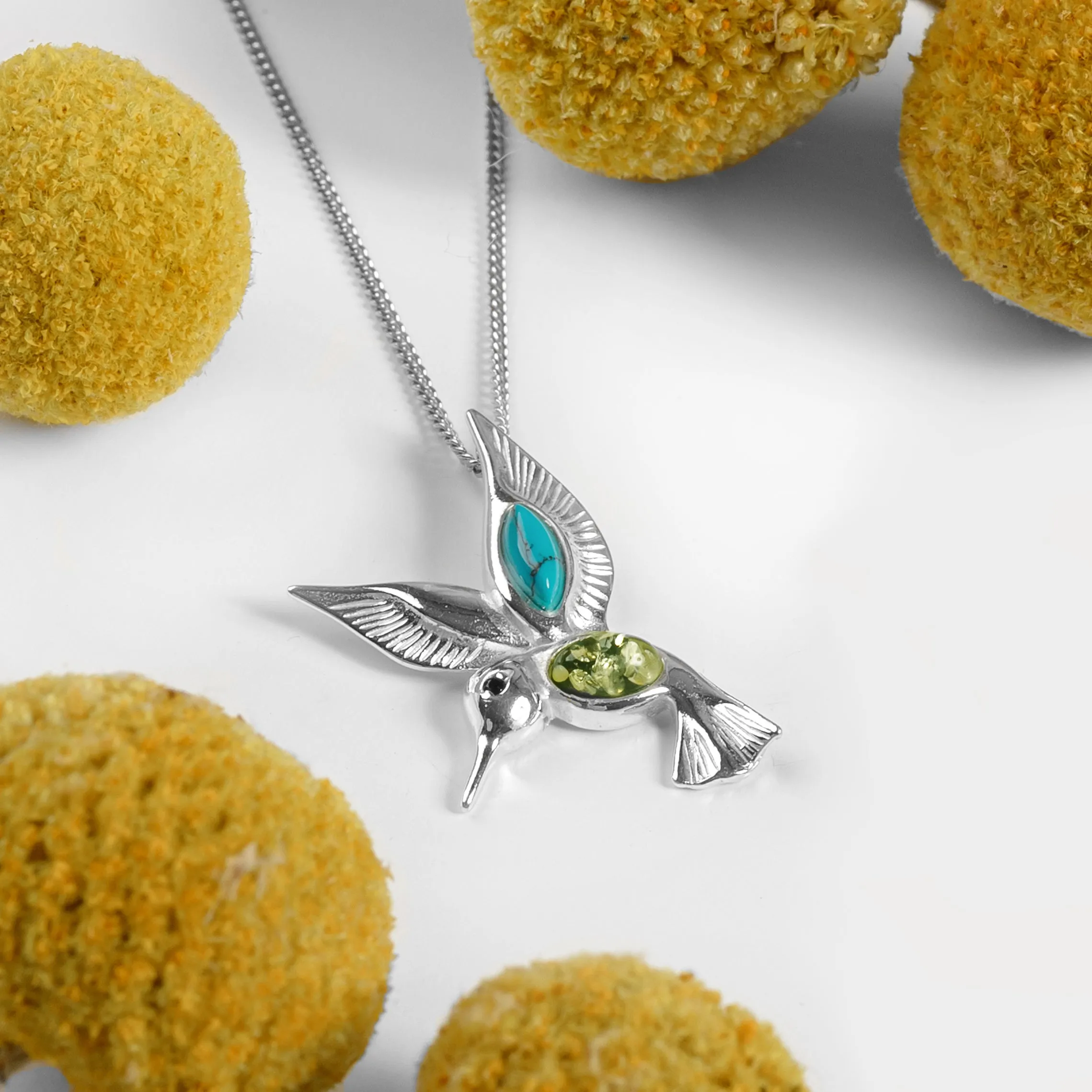 Hovering Hummingbird Necklace in Silver, Green Amber and Turquoise sold by Henryka product image thumbnail 5
