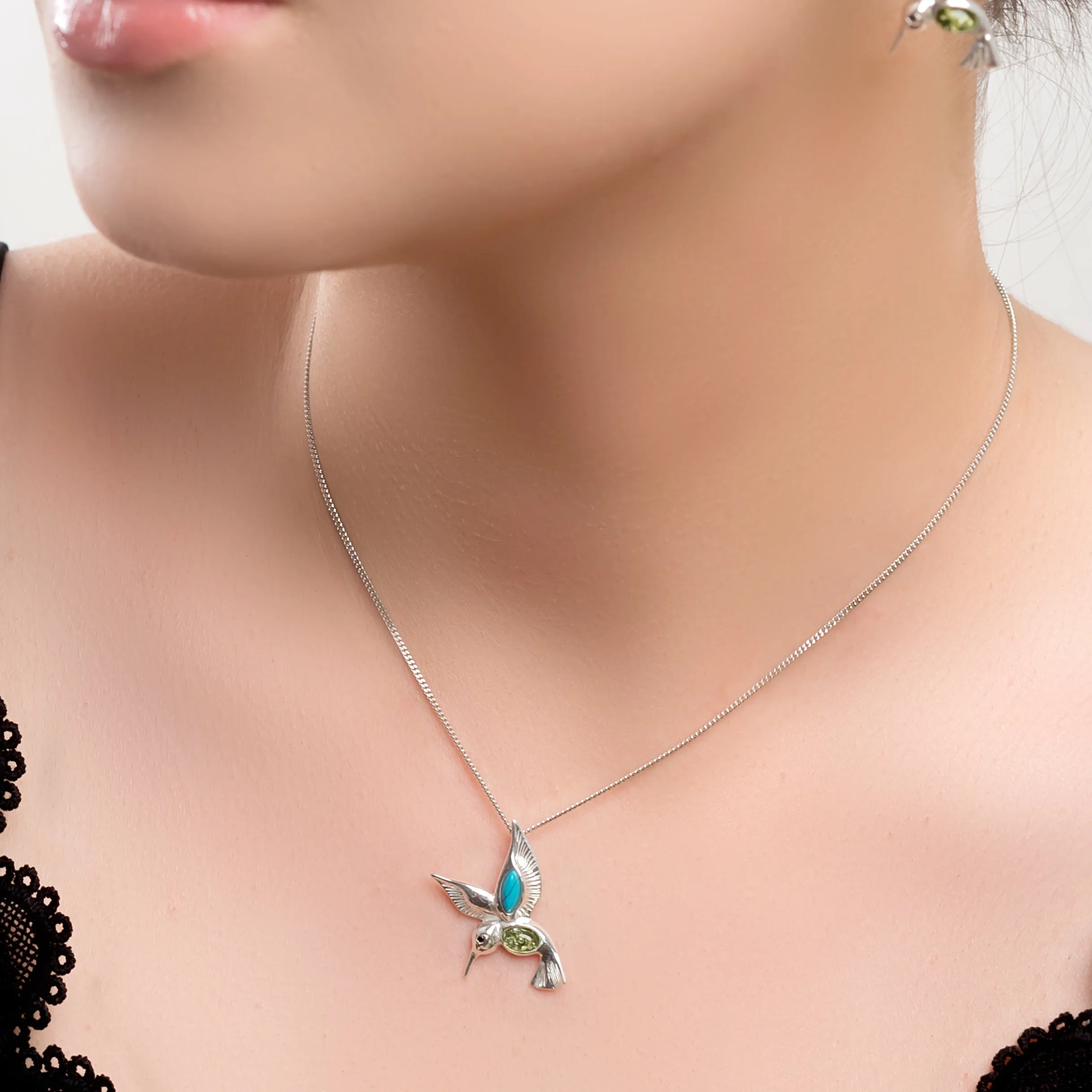Hovering Hummingbird Necklace in Silver, Green Amber and Turquoise sold by Henryka product image thumbnail 2