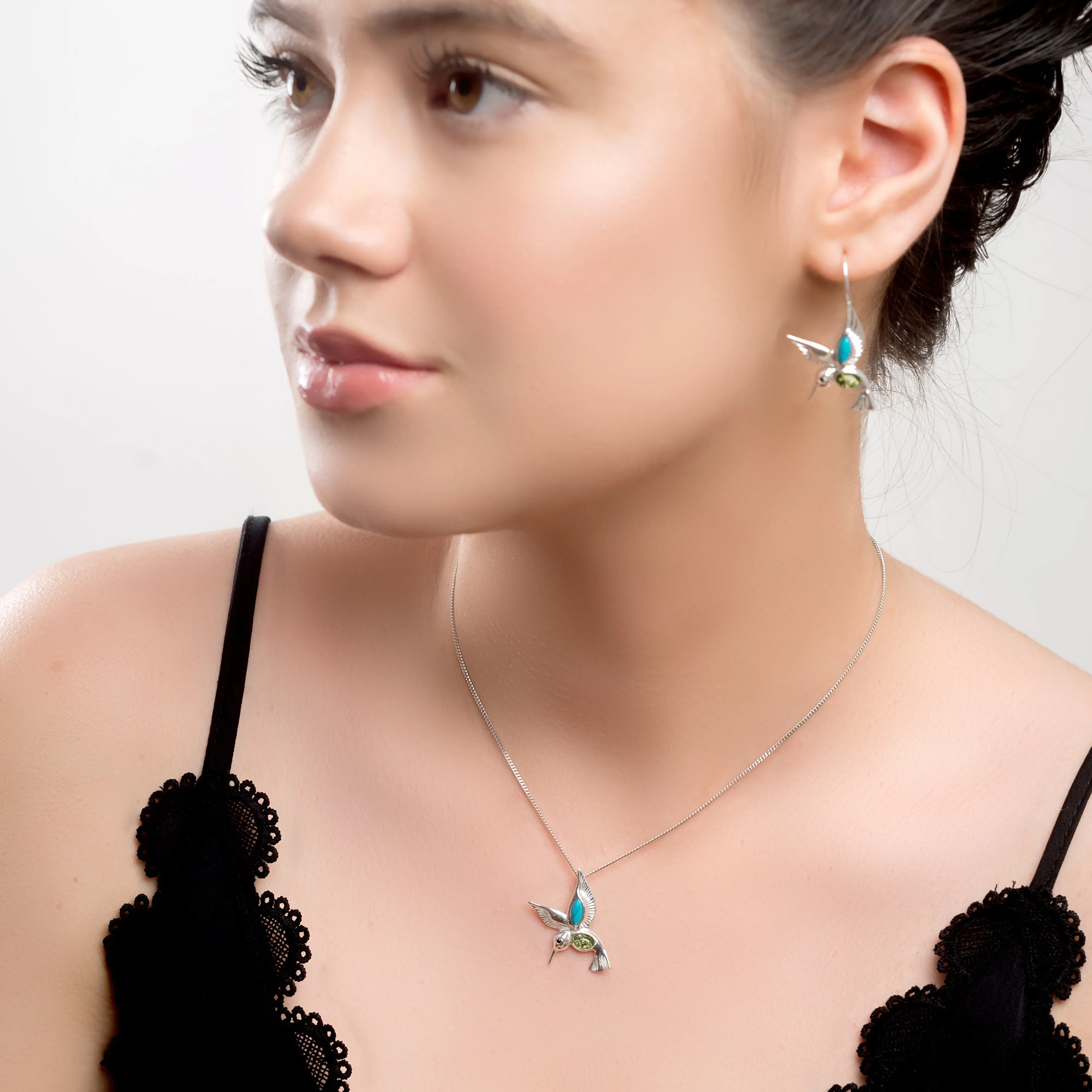 Hovering Hummingbird Necklace in Silver, Green Amber and Turquoise sold by Henryka product image thumbnail 3