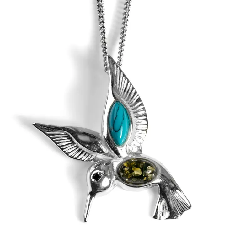 Hovering Hummingbird Necklace in Silver, Green Amber and Turquoise sold by Henryka