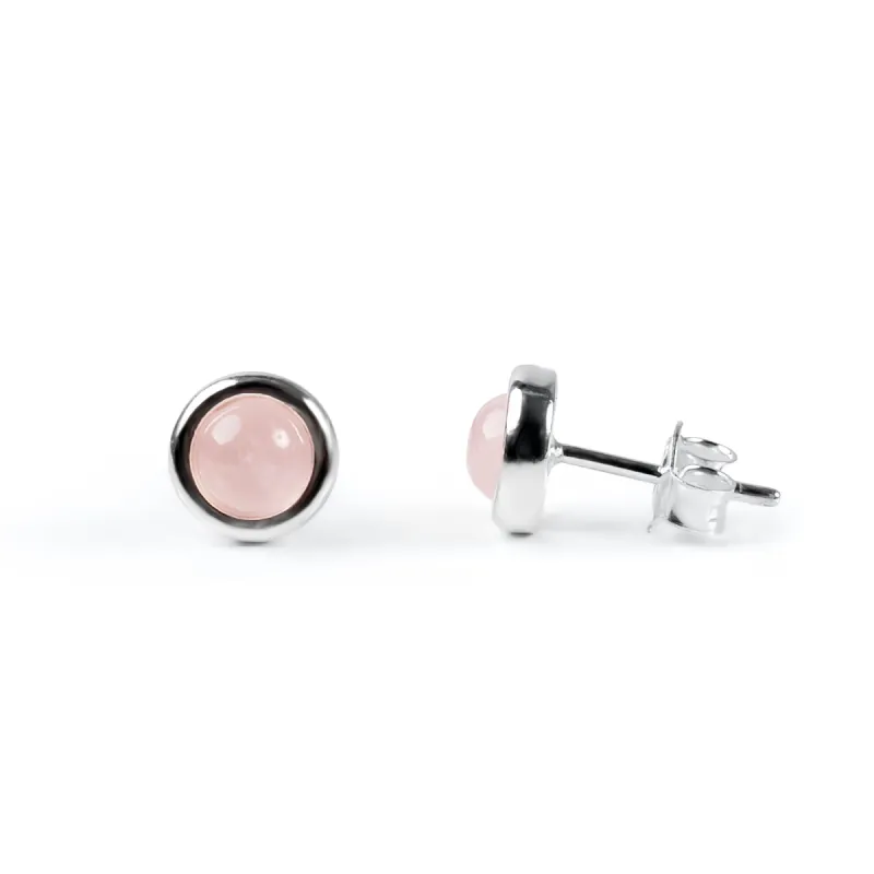 Small Round Stud Earrings in Silver and Rose Quartz sold by Henryka