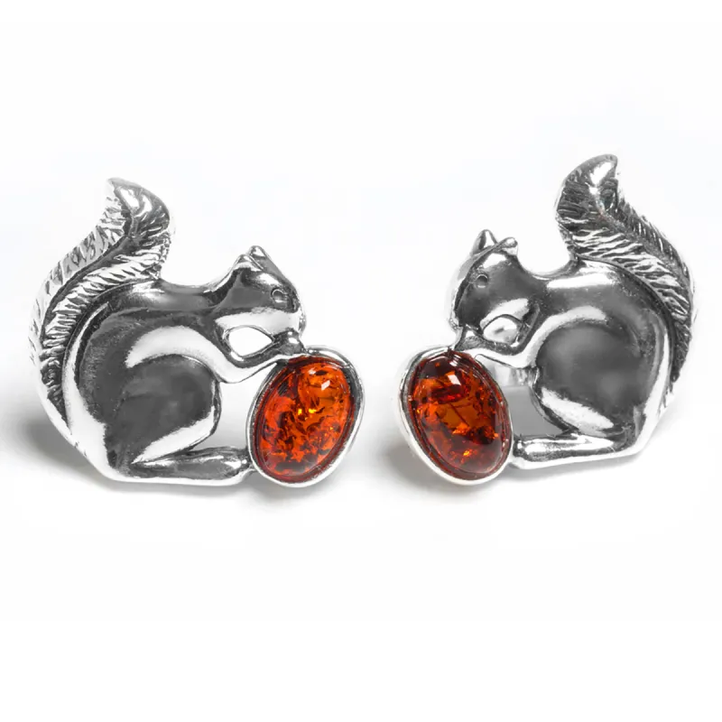 Squirrel Stud Earrings in Silver and Amber made by Henryka