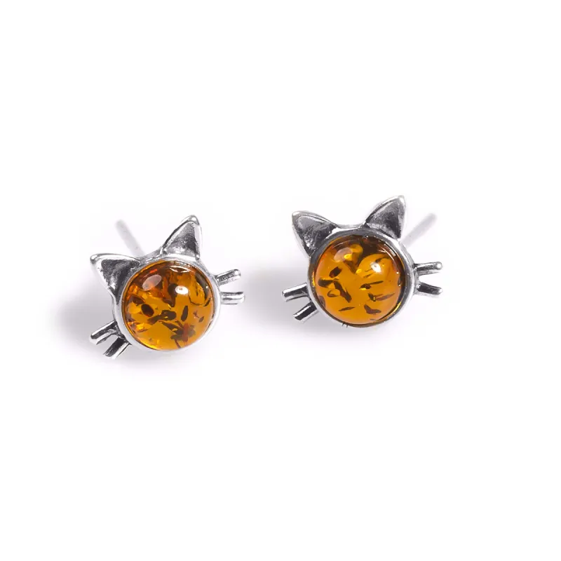 Cute Cat Face Stud Earrings in Silver and Cognac Amber sold by Henryka