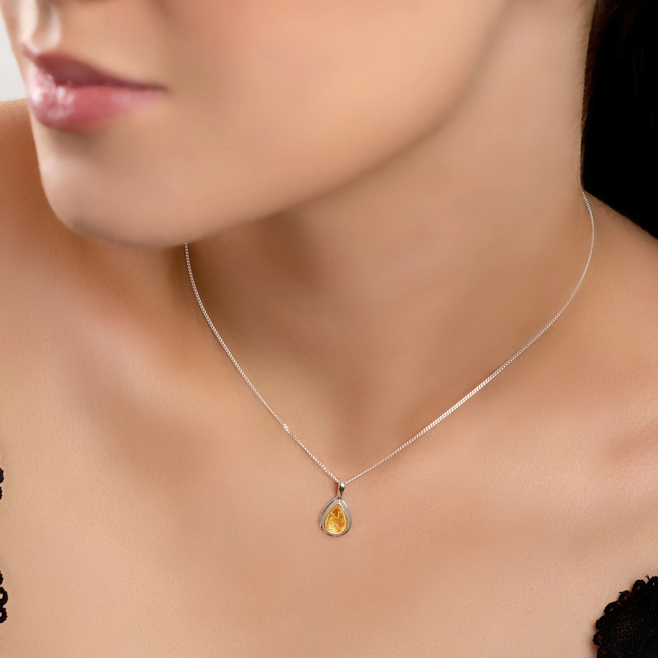 Classic Teardrop Necklace in Silver and Yellow Amber sold by Henryka product image thumbnail 2