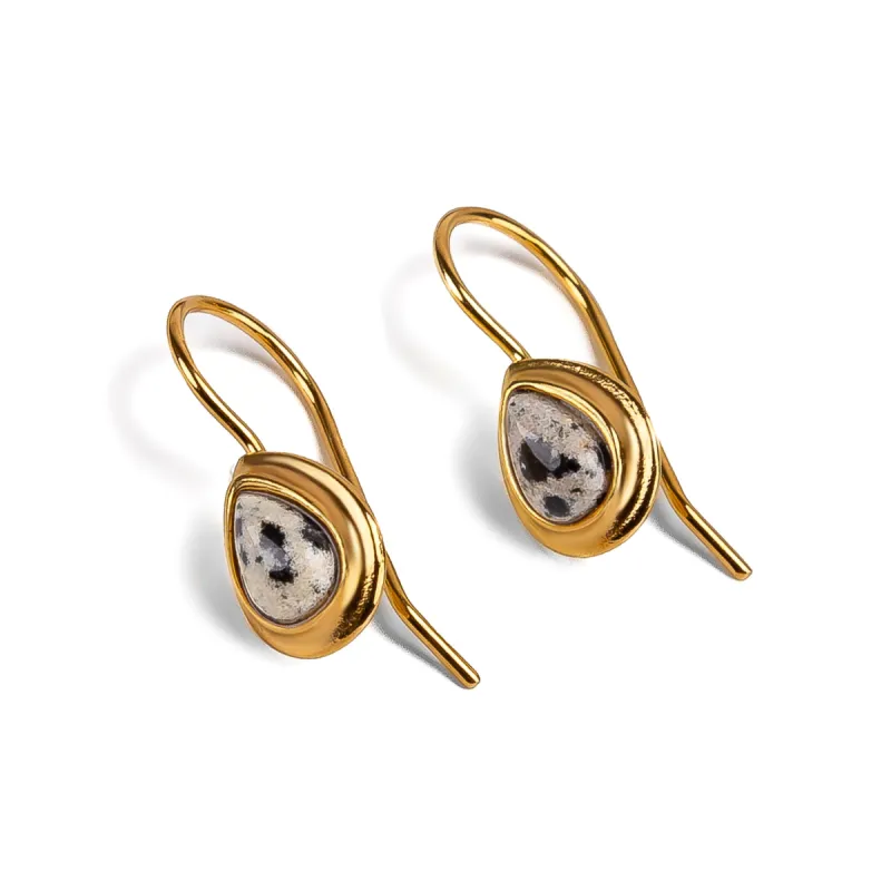 Classic Teardrop Hooks Earrings in Silver with 24ct Gold & Dalmatian Jasper sold by Henryka