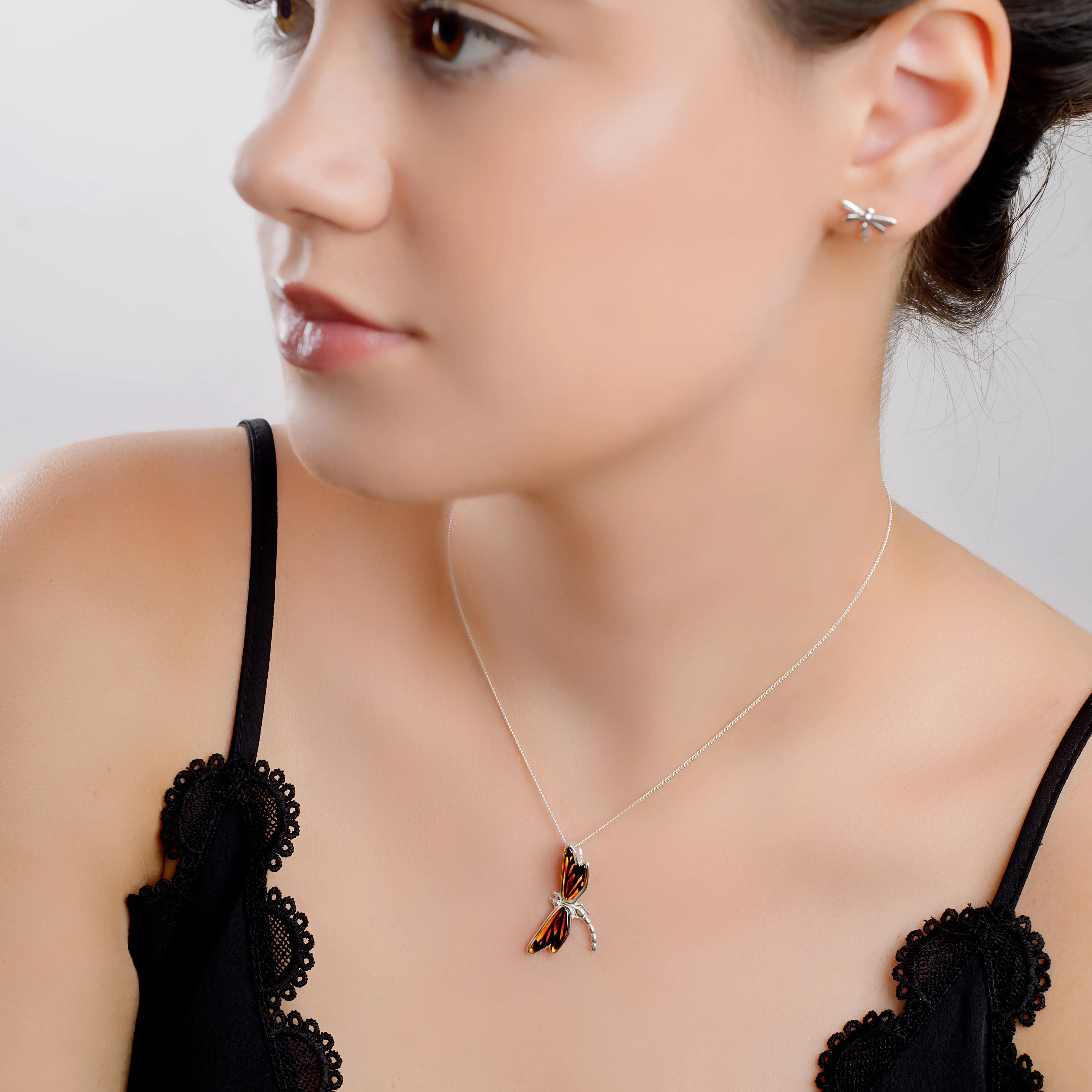 Golden Dragonfly Necklace in Silver and Amber sold by Henryka product image thumbnail 3