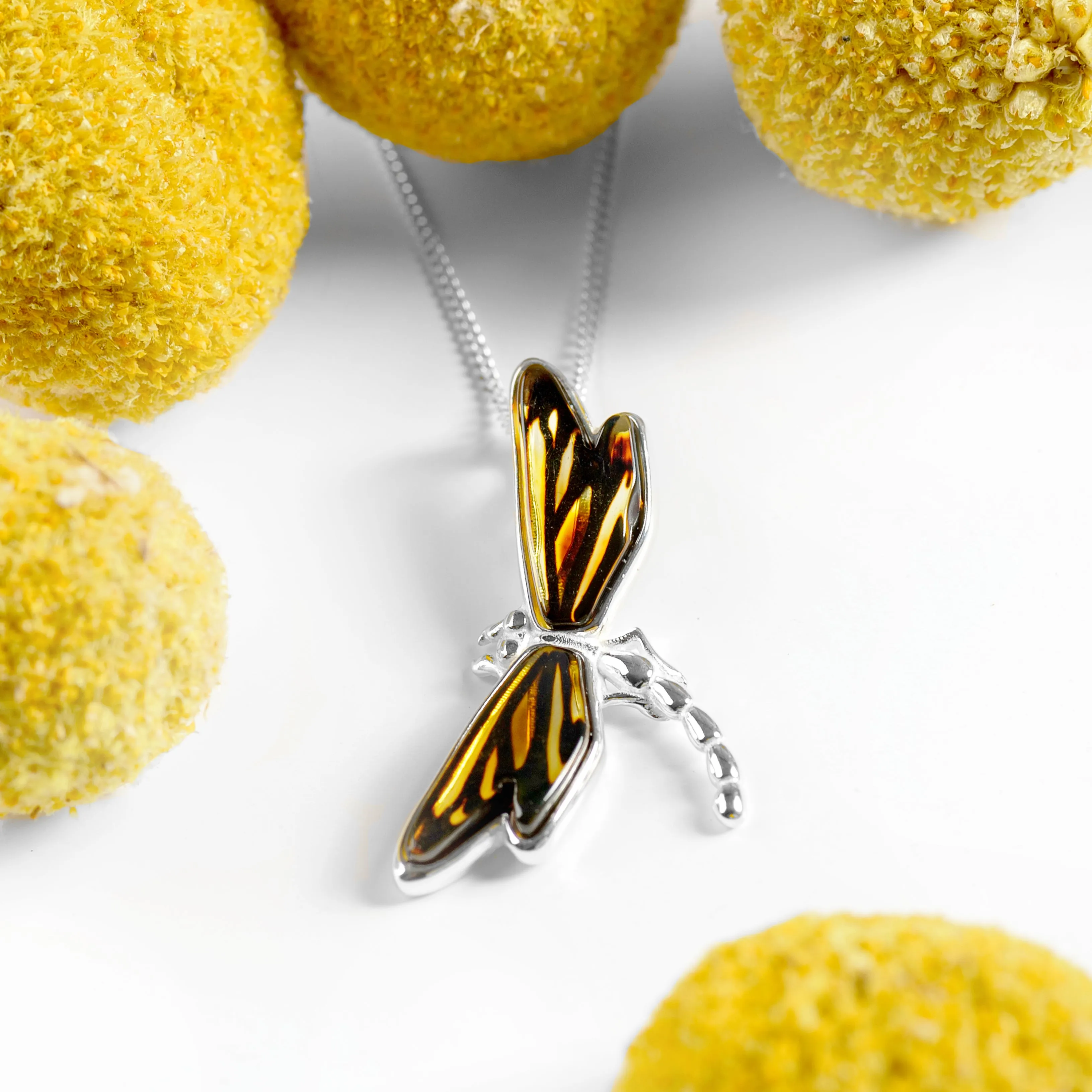 Golden Dragonfly Necklace in Silver and Amber sold by Henryka product image thumbnail 4