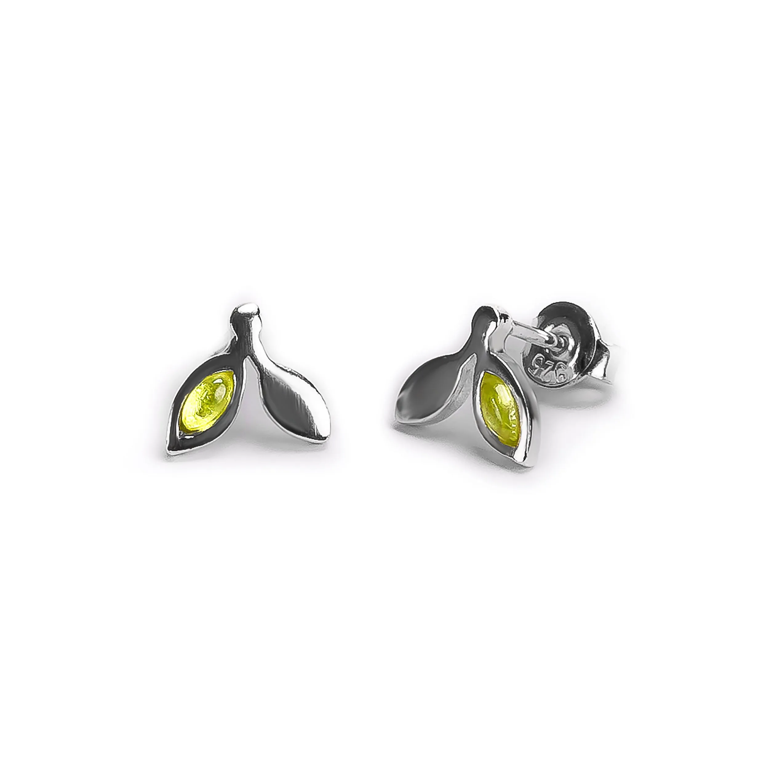 Tiny Leaf Stud Earrings in Silver & Peridot sold by Henryka