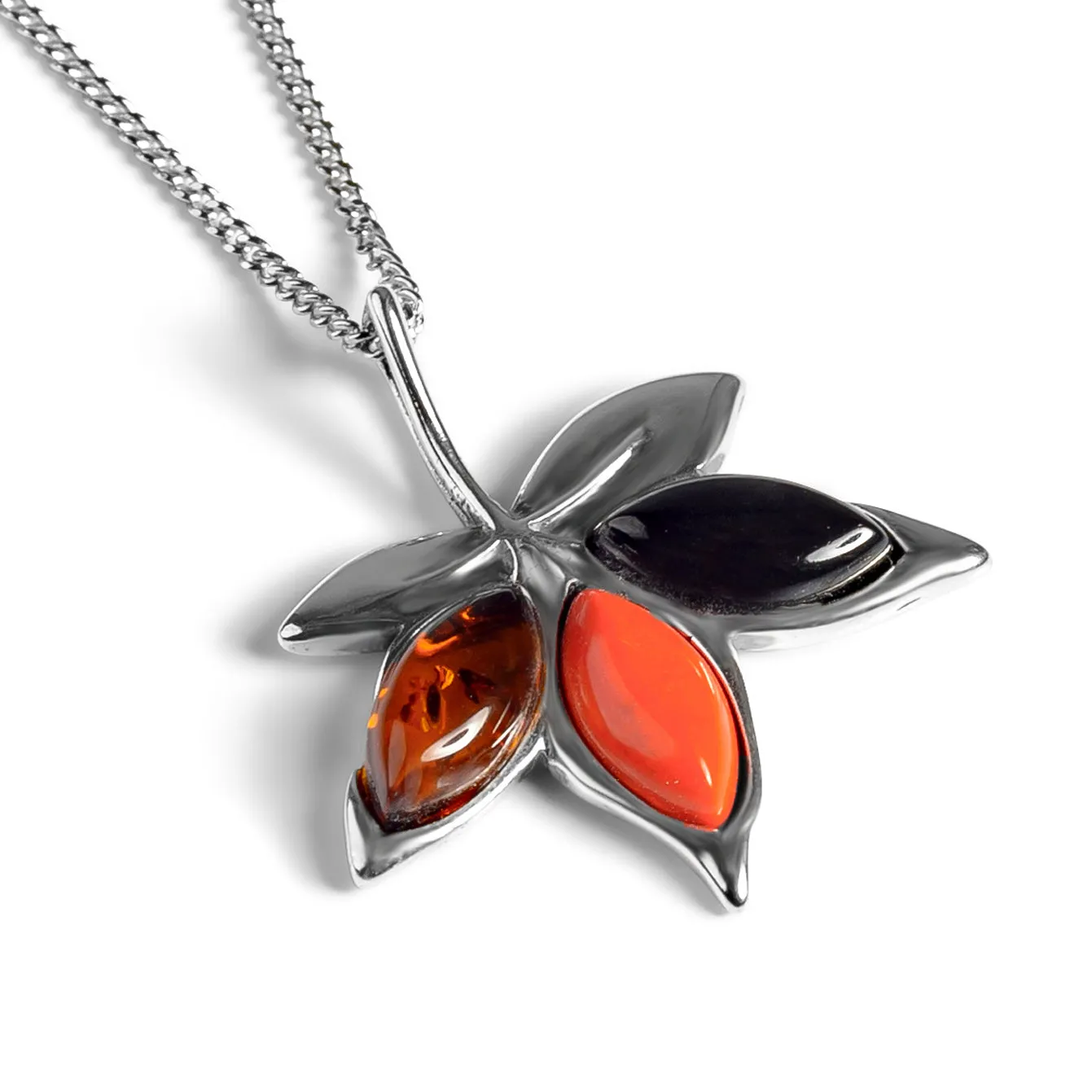 Autumn Maple Leaf Necklace in Silver, Coral and Amber sold by Henryka